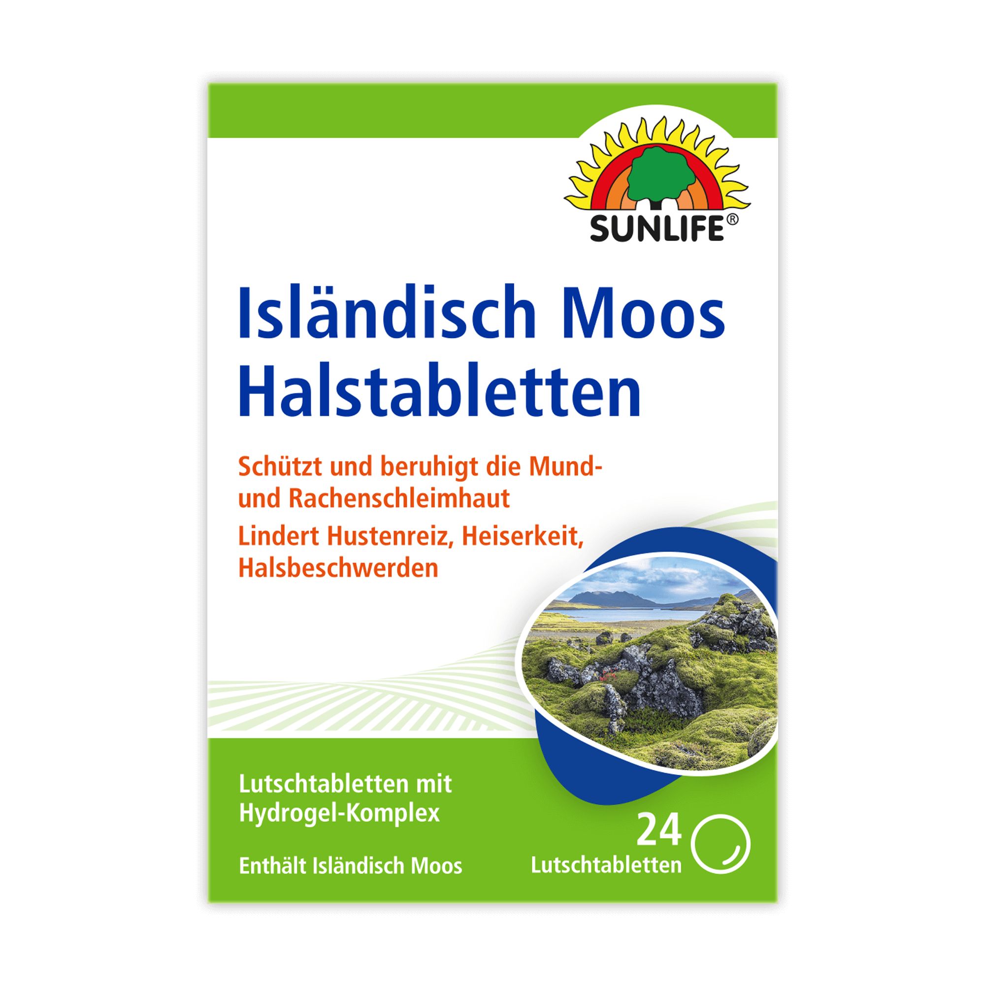 Verpackung mit SUNLIFE Isländisch Moos Halstabletten. 24 Lutschtabletten. Grün-weiße Schachtel mit Produktnamen und Logo.