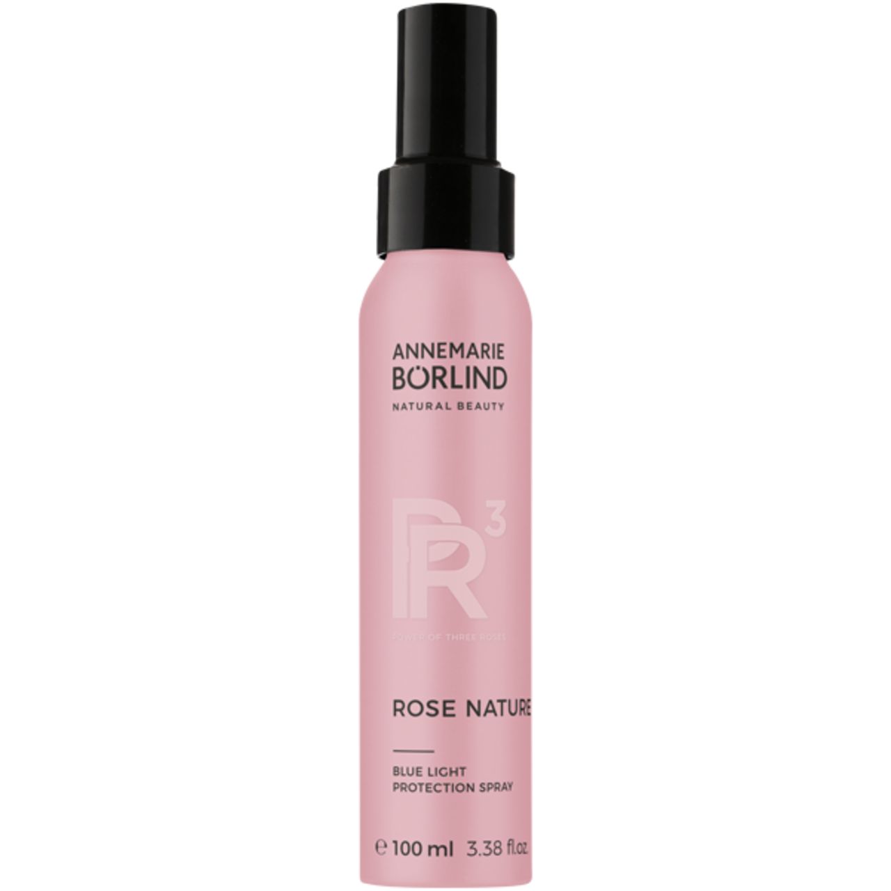 Rosa Flasche mit schwarzem Sprühkopf. Aufschrift: Annemarie Börlind, Rose Nature, Blue Light Protection Spray.