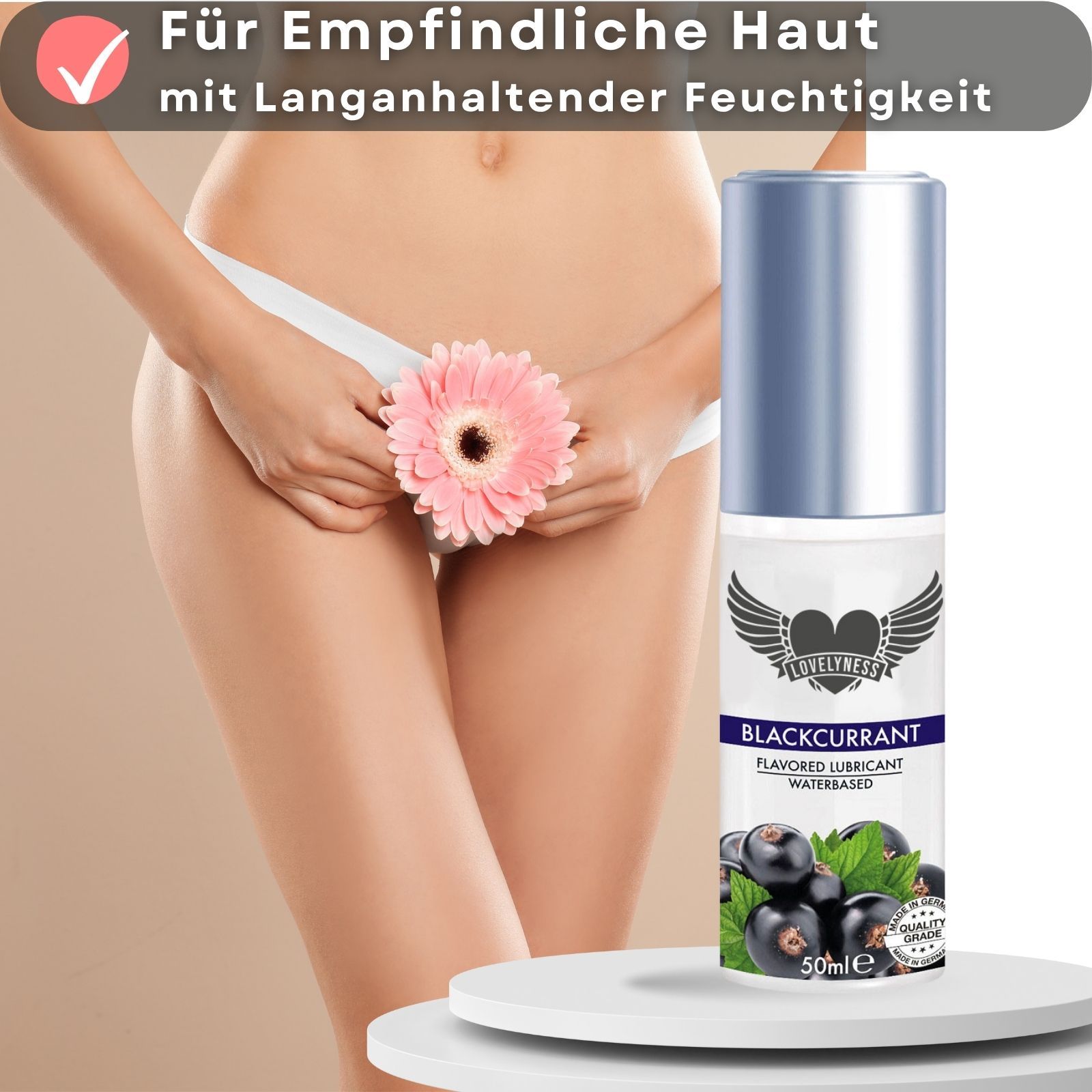 Gleitgel mit Aroma Schwarze Johannisbeere. Für empfindliche Haut. Mit dem Logo Lovelyness und dem Namen Blackcurrant.