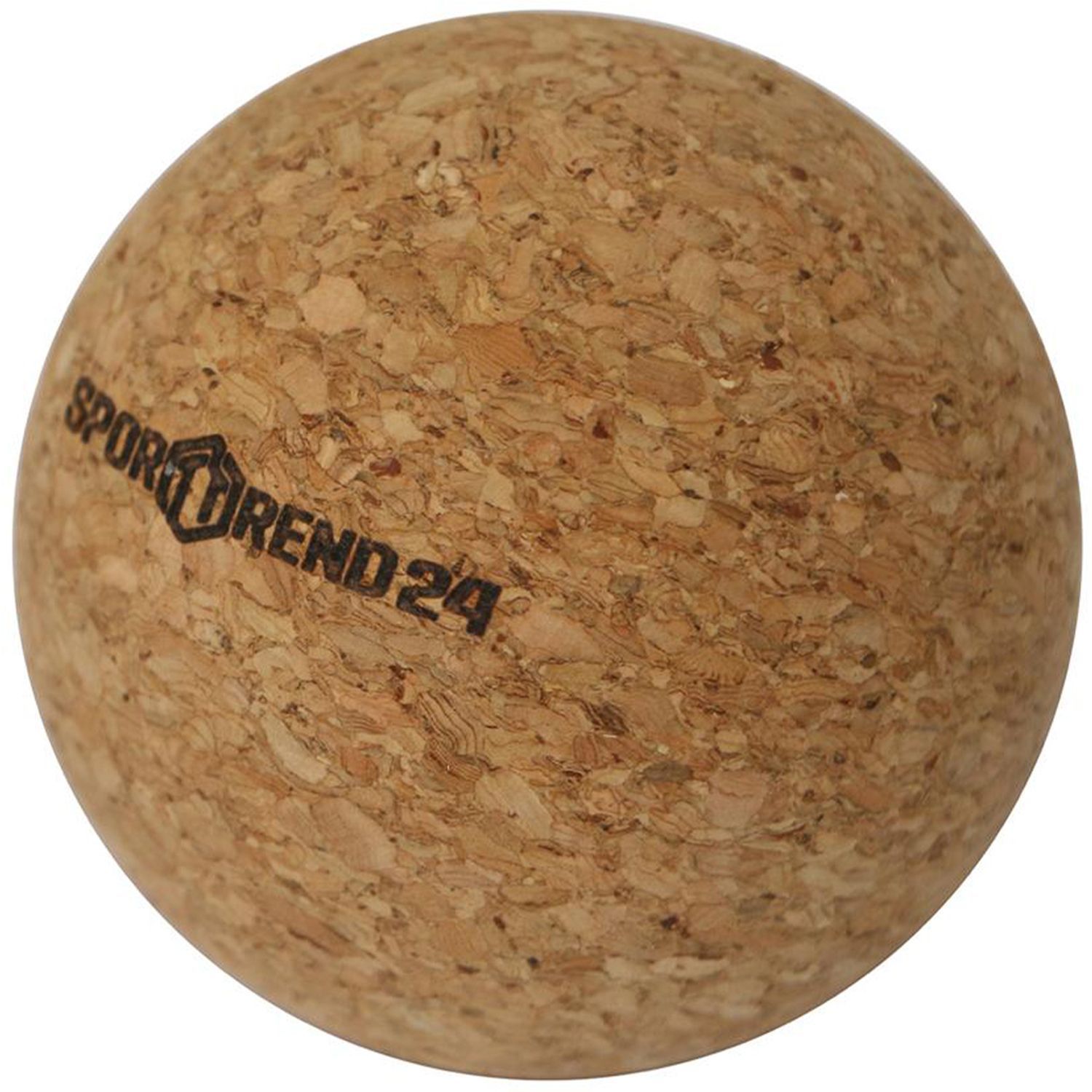 Brauner Korkball mit Logo. Der Ball hat eine runde Form und eine Oberfläche aus Kork.