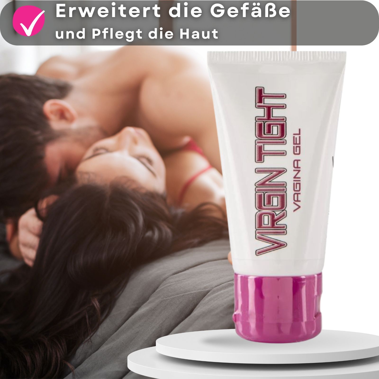 Tube mit Produktaufdruck. Aufschrift: Virgin Tight Vagina Gel. Daneben eine Verpackung.