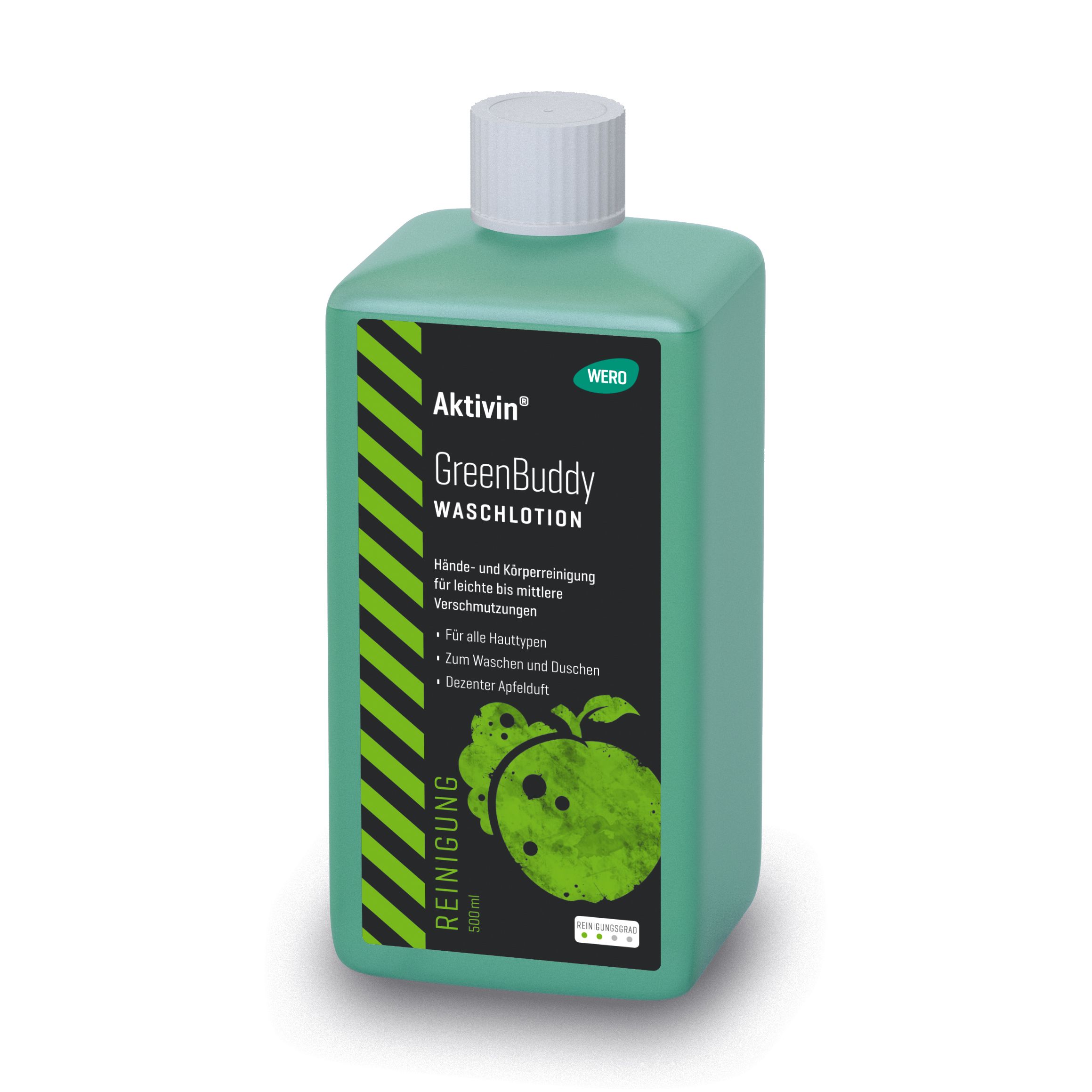 Grüne Spenderflasche mit weißem Deckel. Aufschrift: Aktivin GreenBuddy Waschlotion. Schwarze und grüne Etiketten.