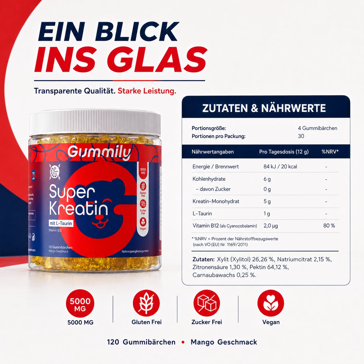 Gummily Super Kreatin Gummibärchen: Zutaten & Nährwerte, 120 Stück, Mango, glutenfrei, zuckerfrei, vegan.