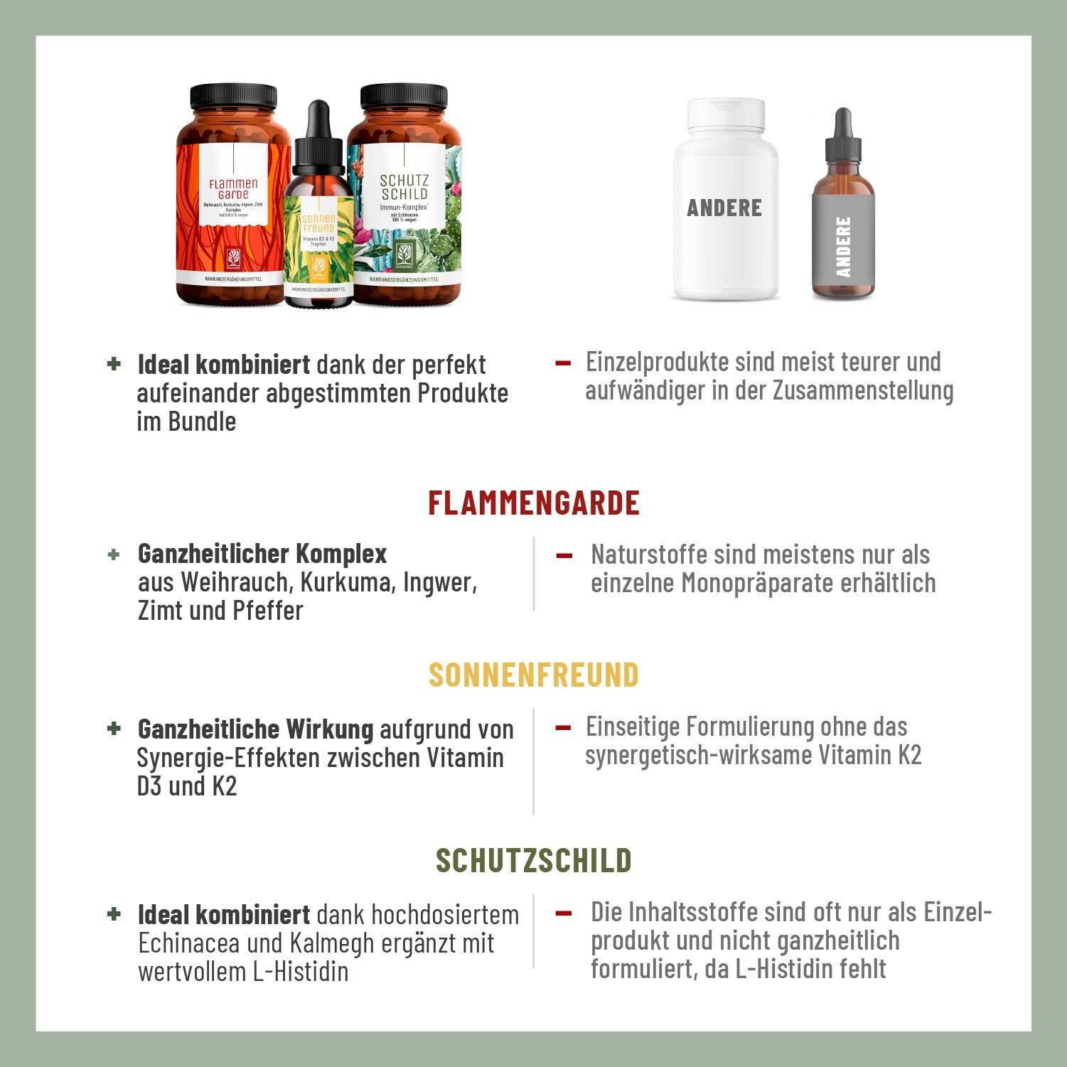 Vergleich der Produkte FLAMMENGARDE, SONNENFREUND, SCHUTZSCHILD. Vorteile und Nachteile der einzelnen Produkte.