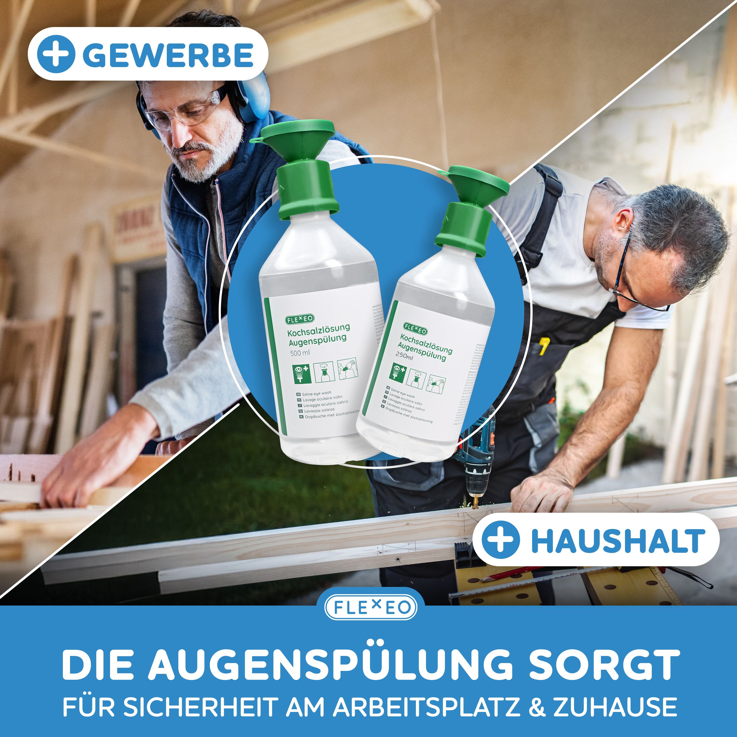 Zwei FLEXEO Augenspülflaschen. Eine Flasche mit grünem Aufsatz, auf weißem Etikett. Im Hintergrund zwei Männer bei der Arbeit.