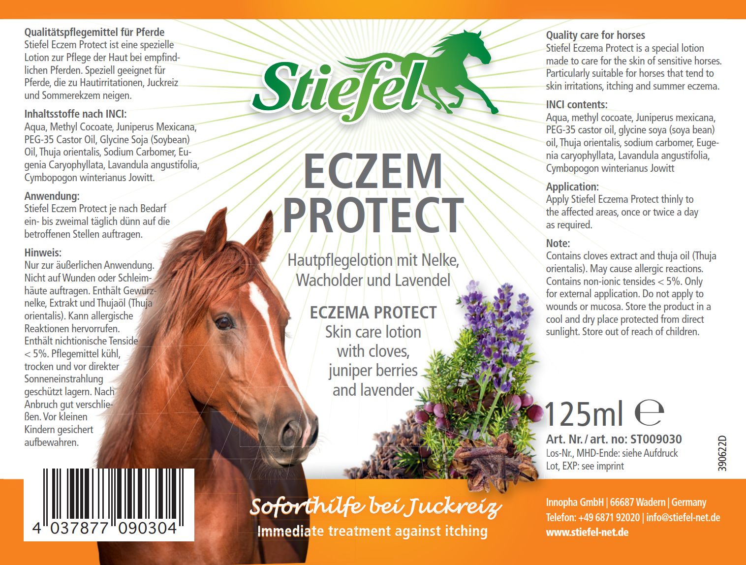 Etikett mit Produktinformationen. Stiefel Eczem Protect, Hautpflege Lotion mit Nelke, Wacholder und Lavendel. 125ml Flasche. Enthält Inhaltsstoffe.
