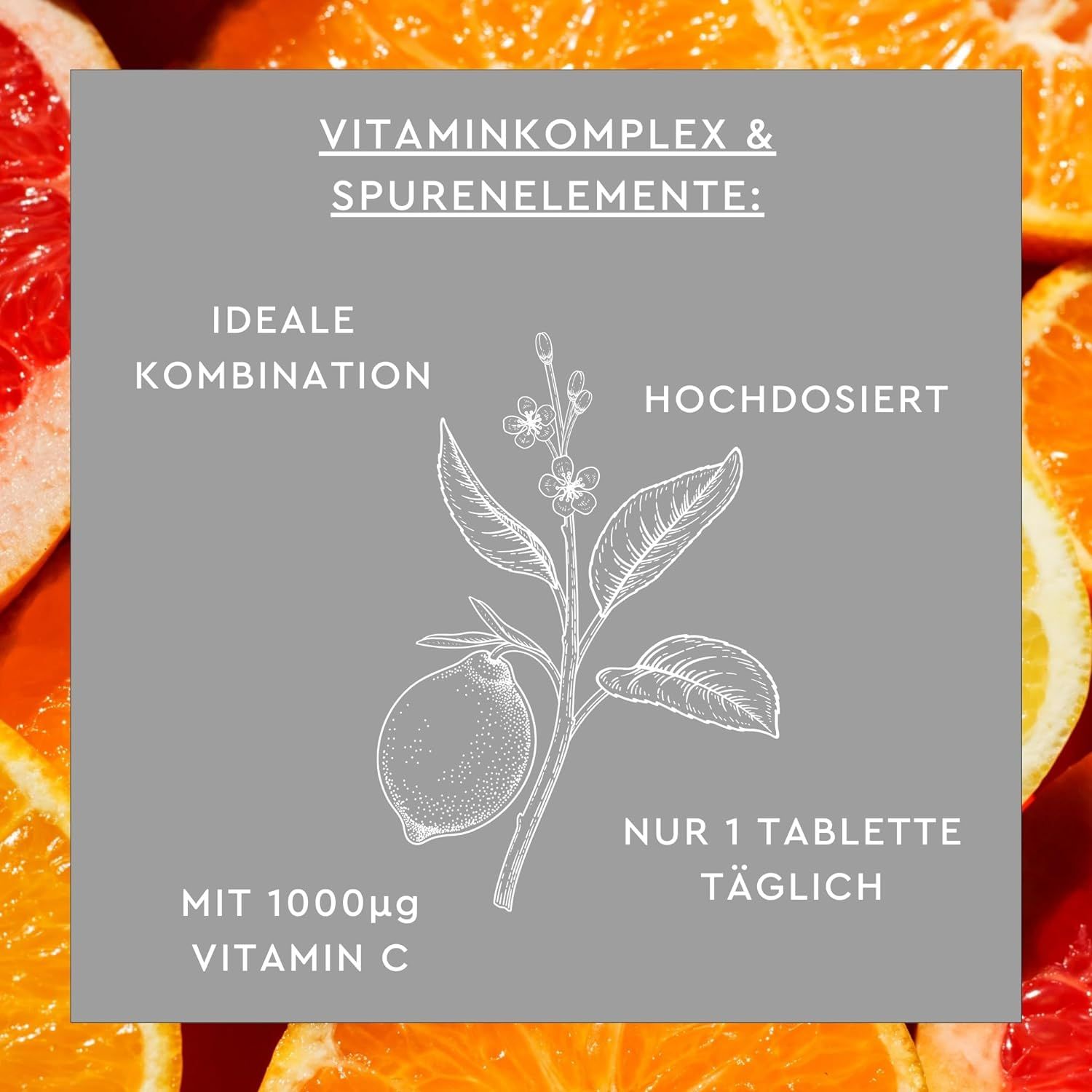 Grauer Hintergrund mit Text: Vitaminkomplex & Spurenelemente. Zeichnung einer Pflanze mit Zitrone. Text: 1000µg Vitamin C, nur 1 Tablette täglich.