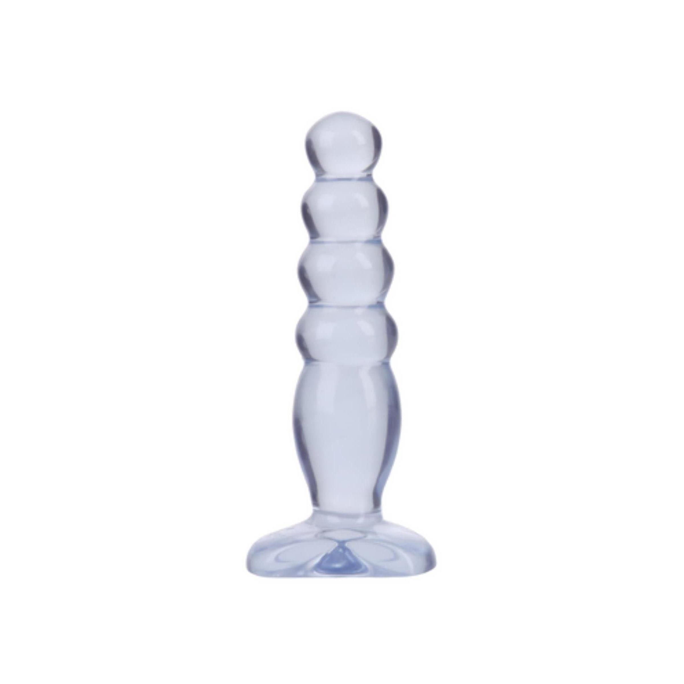 Hellblauer Butt Plug. Abgerundete Form mit Basis. Transparentes Material.