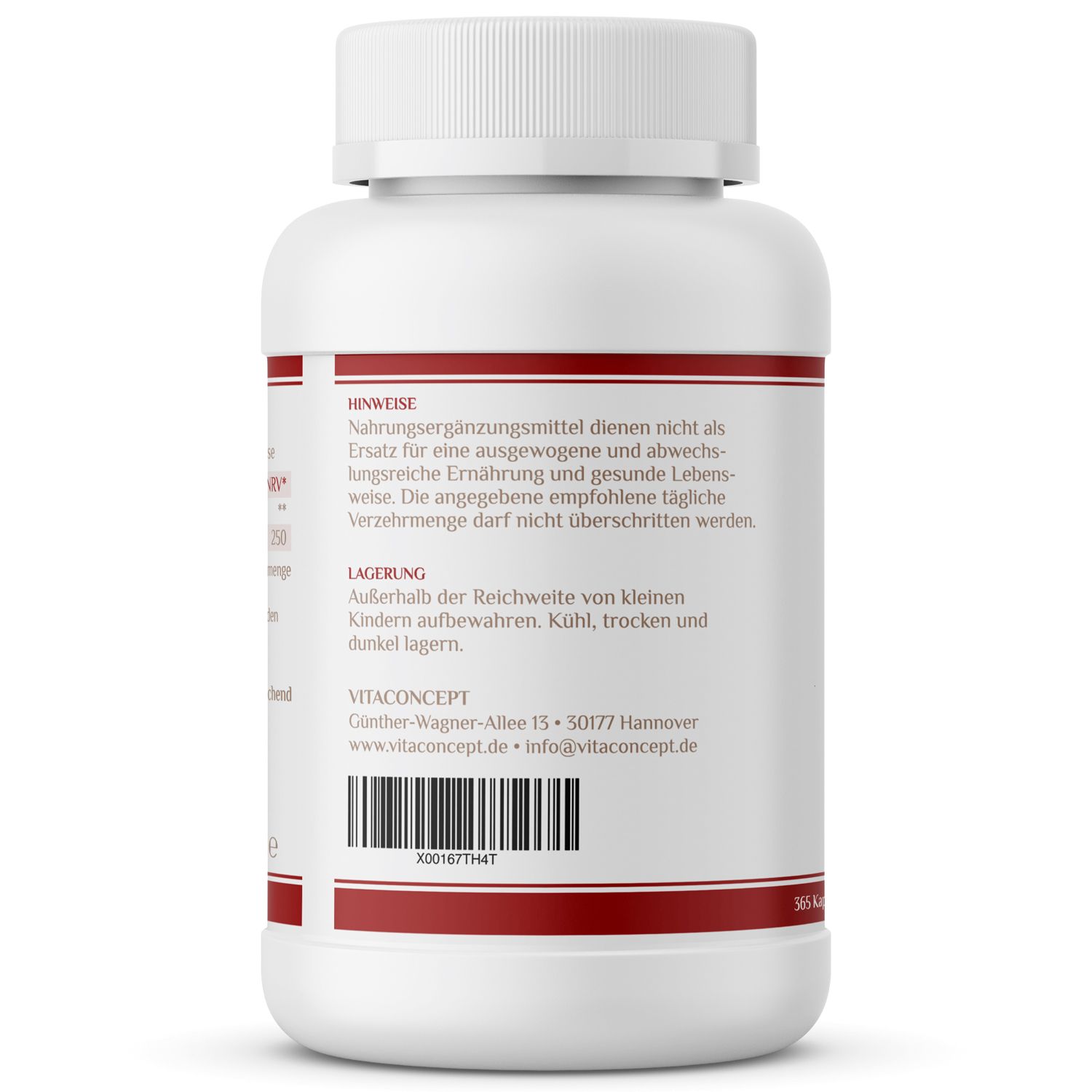 Rückseite einer weißen Flasche. Roter Streifen. Text: Hinweise, Lagerung, VITACONCEPT. Barcode. 565 Kapseln.