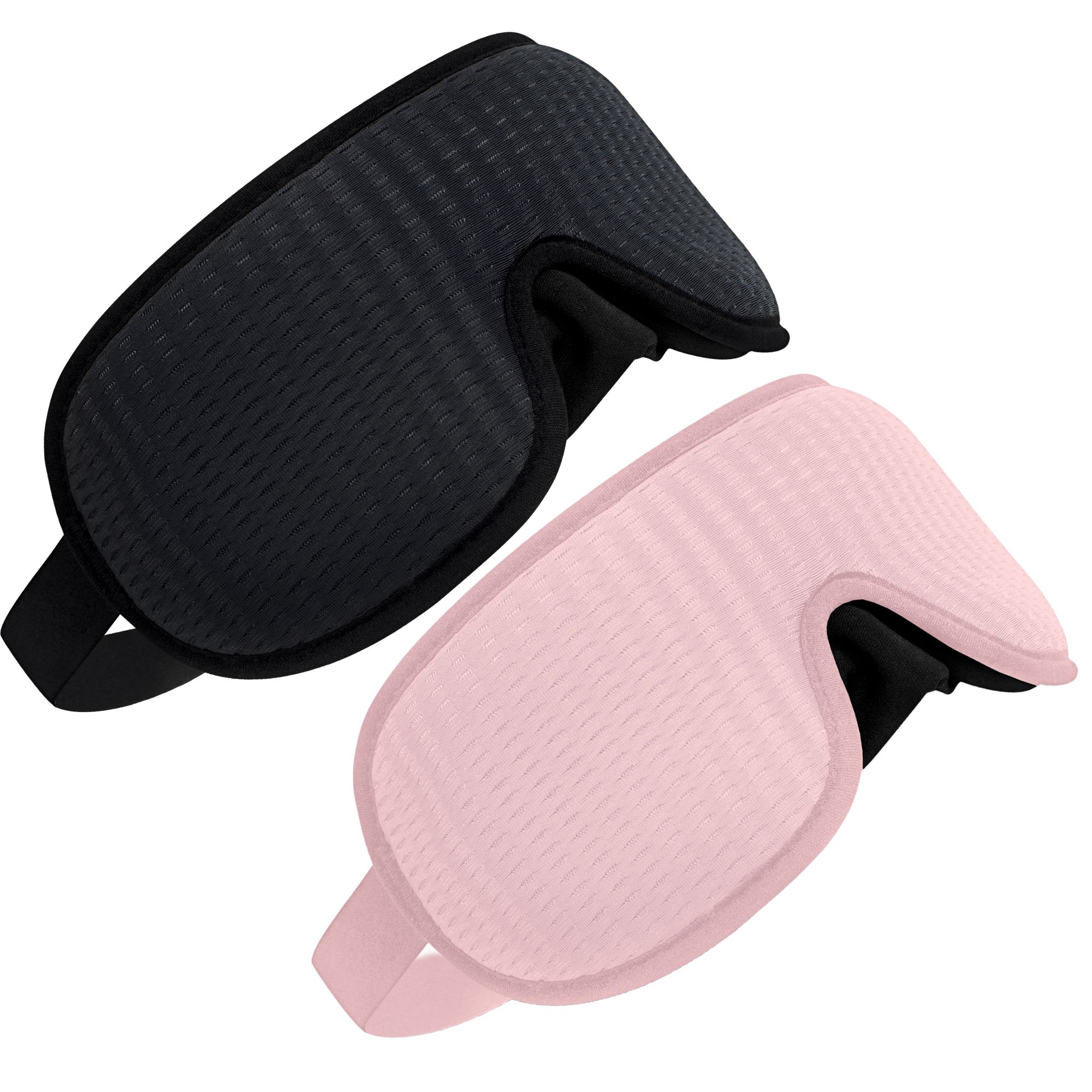 Zwei 3D-Schlafmasken, eine schwarz, eine rosa, mit verstellbaren Bändern.