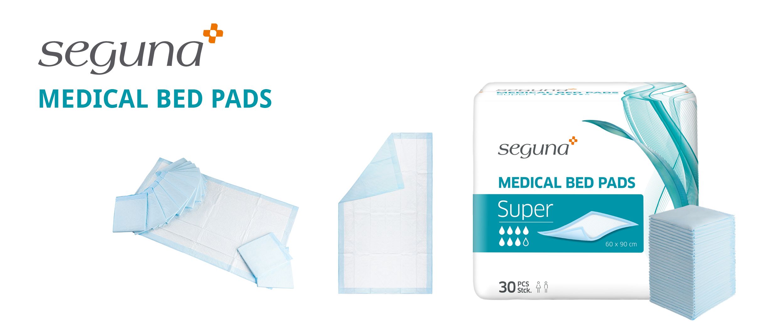 Mehrere SEGUNA Medical Bed Pads. Einzelne Pads und Packung mit 30 Stück. Produktname und Super-Aufdruck sichtbar.