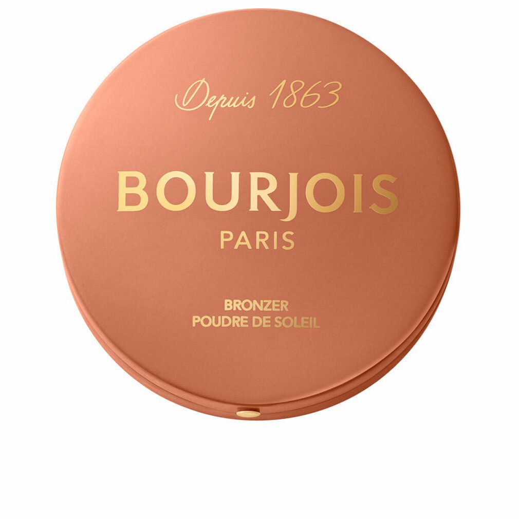 Runder Blusher-Puder-Behälter. Aufschrift: Bourjois Paris, Bronzer, Poudre de Soleil. Goldfarbene Schrift, hellbraune Farbe.