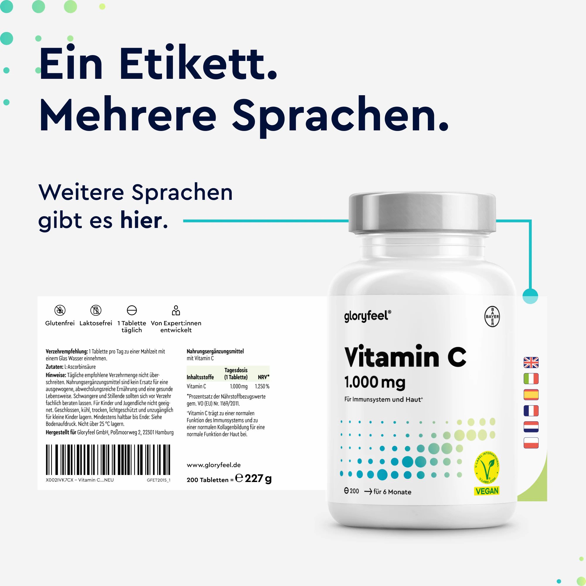 gloryfeel® Vitamin C 1.000mg - Immun-Support* hochdosiert - 200 vegane Tabletten (7 Monate)