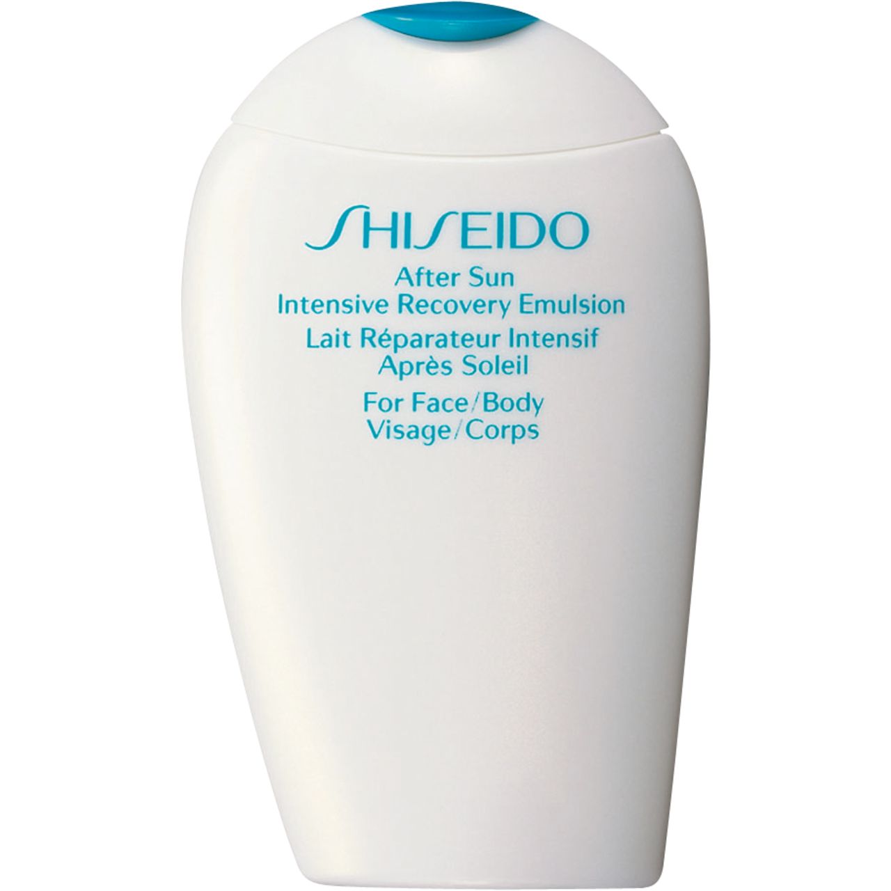 Weiße Flasche mit blauem Deckel. Schriftzug: SHISEIDO, After Sun Intensive Recovery Emulsion. Für Gesicht/Körper.