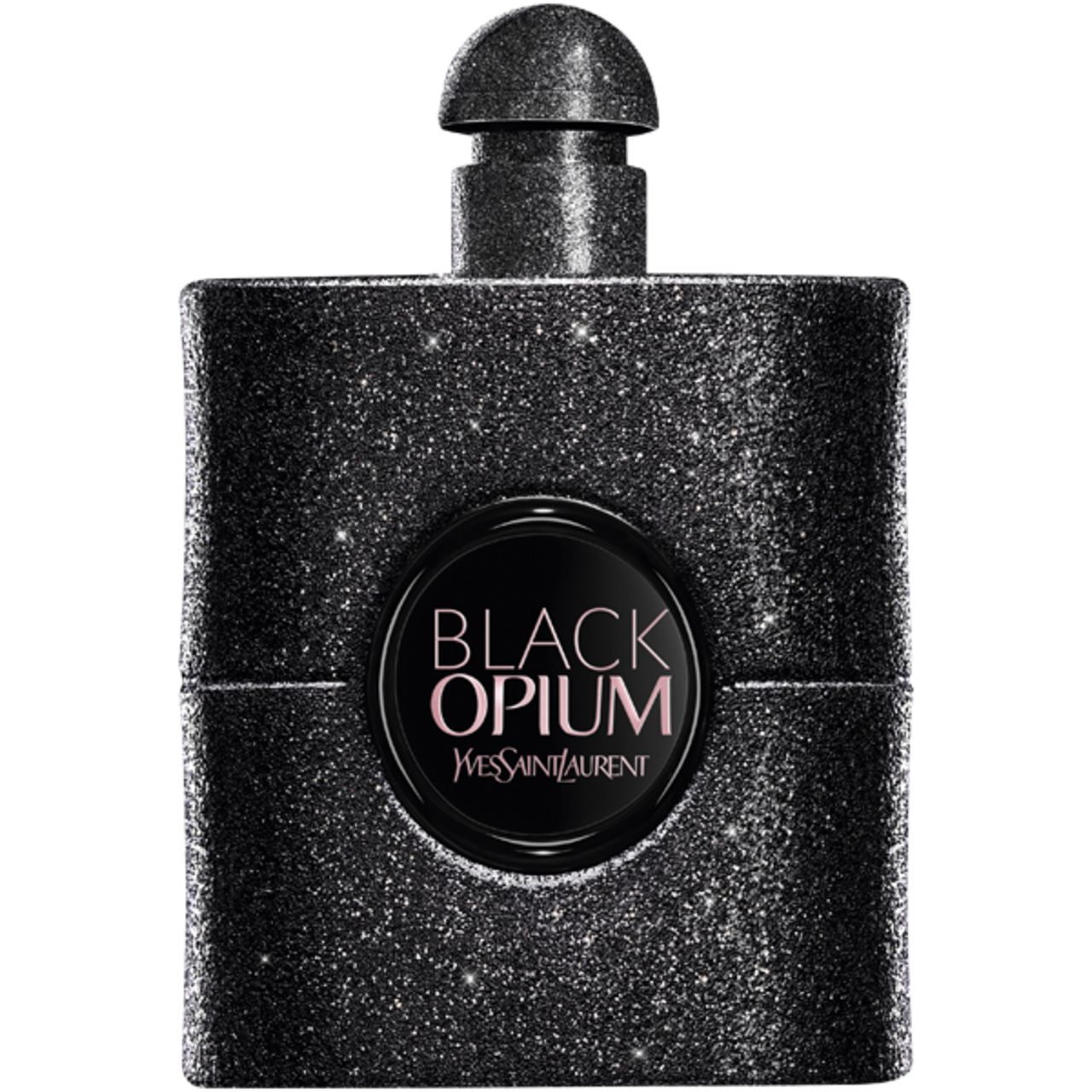 Schwarzer Flakon von Yves Saint Laurent Black Opium Extreme EdP. Glitzernd, rundes Etikett mit Produktnamen.