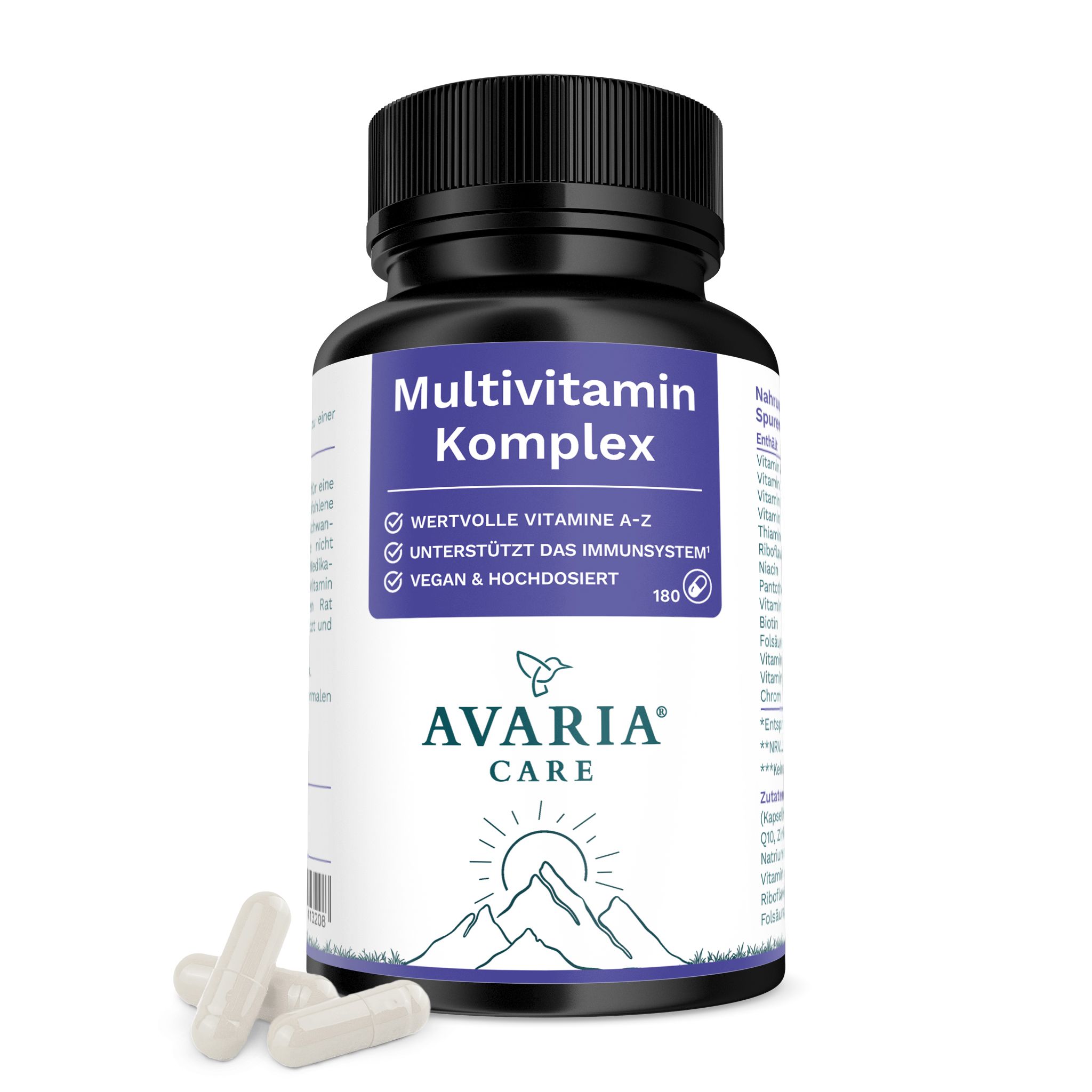 Flasche AVARIA CARE Multivitamin Komplex. 180 Kapseln. Logo und Text. Weiße Kapseln daneben.