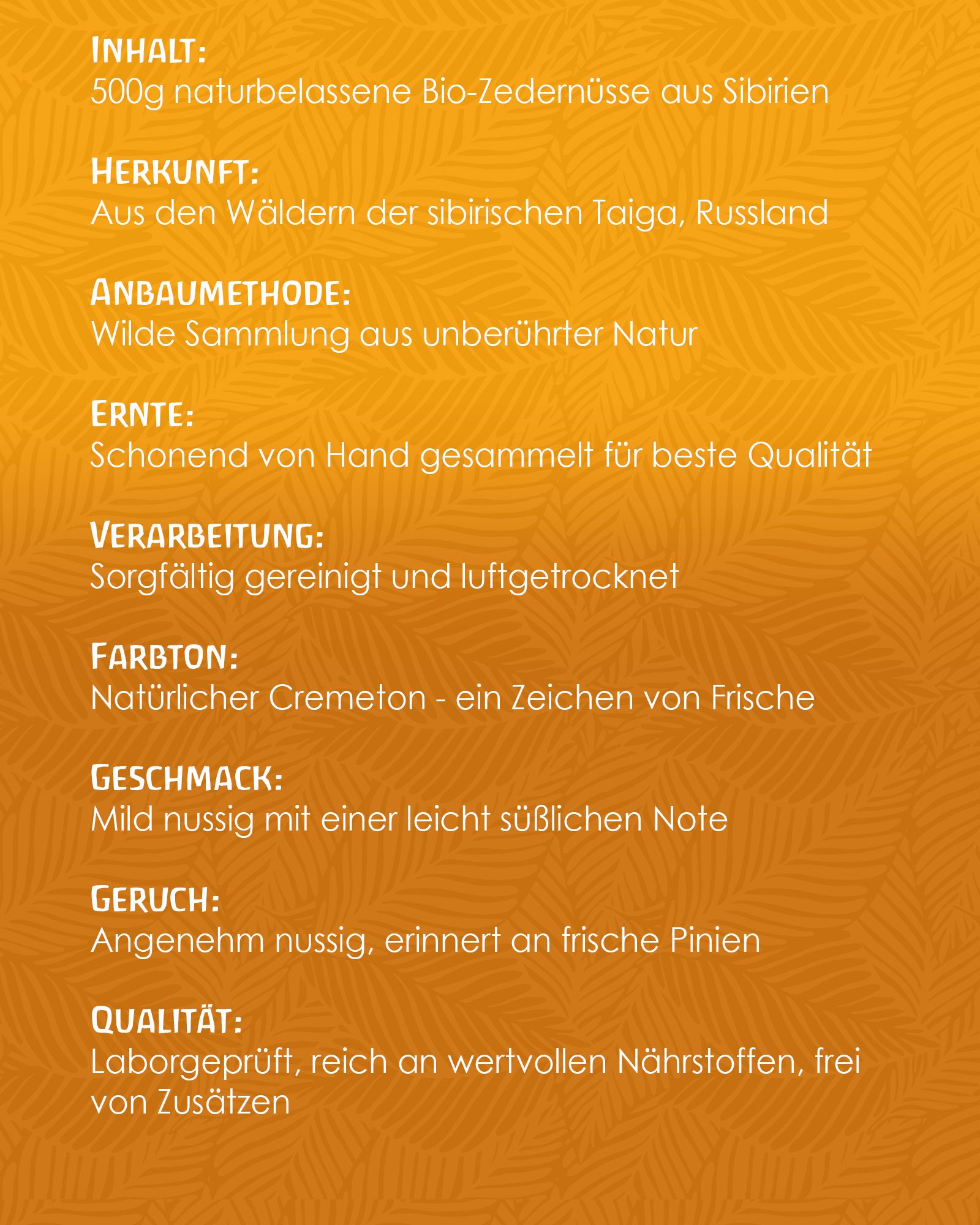 Text auf orangefarbenem Hintergrund. Informationen zu Inhalt, Herkunft, Anbaumethode, Ernte, Verarbeitung, Farbton, Geschmack, Geruch und Qualität.