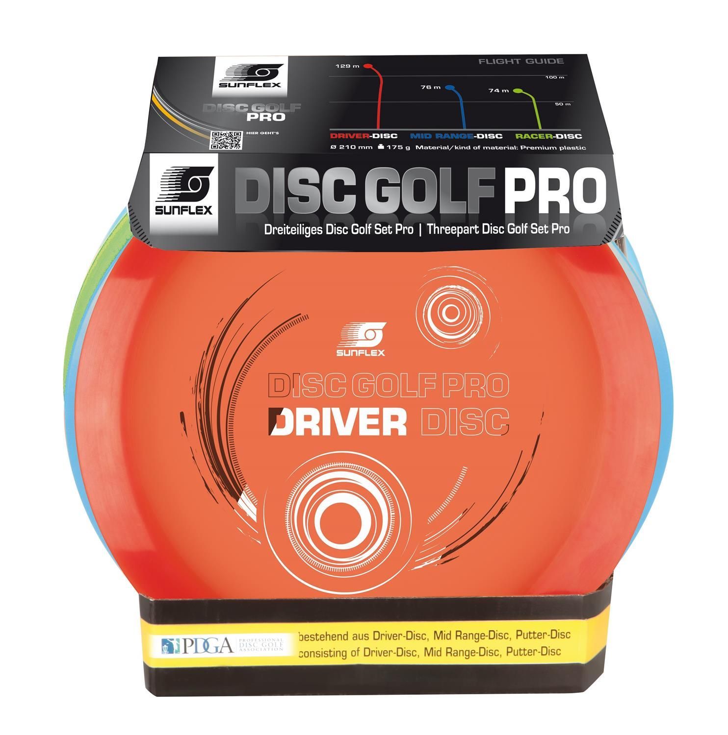 Sunflex Disc Golf Pro Set. Drei Discs in Verpackung. Driver, Mid Range, Putter. Logos und Produktinformationen.