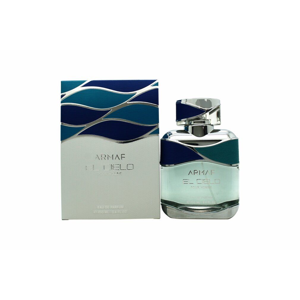 Flakon und Verpackung von Armaf El Cielo Pour Homme. Flakon mit blau-silbernem Deckel und blau-grünen Akzenten. Verpackung mit Wellenmuster.