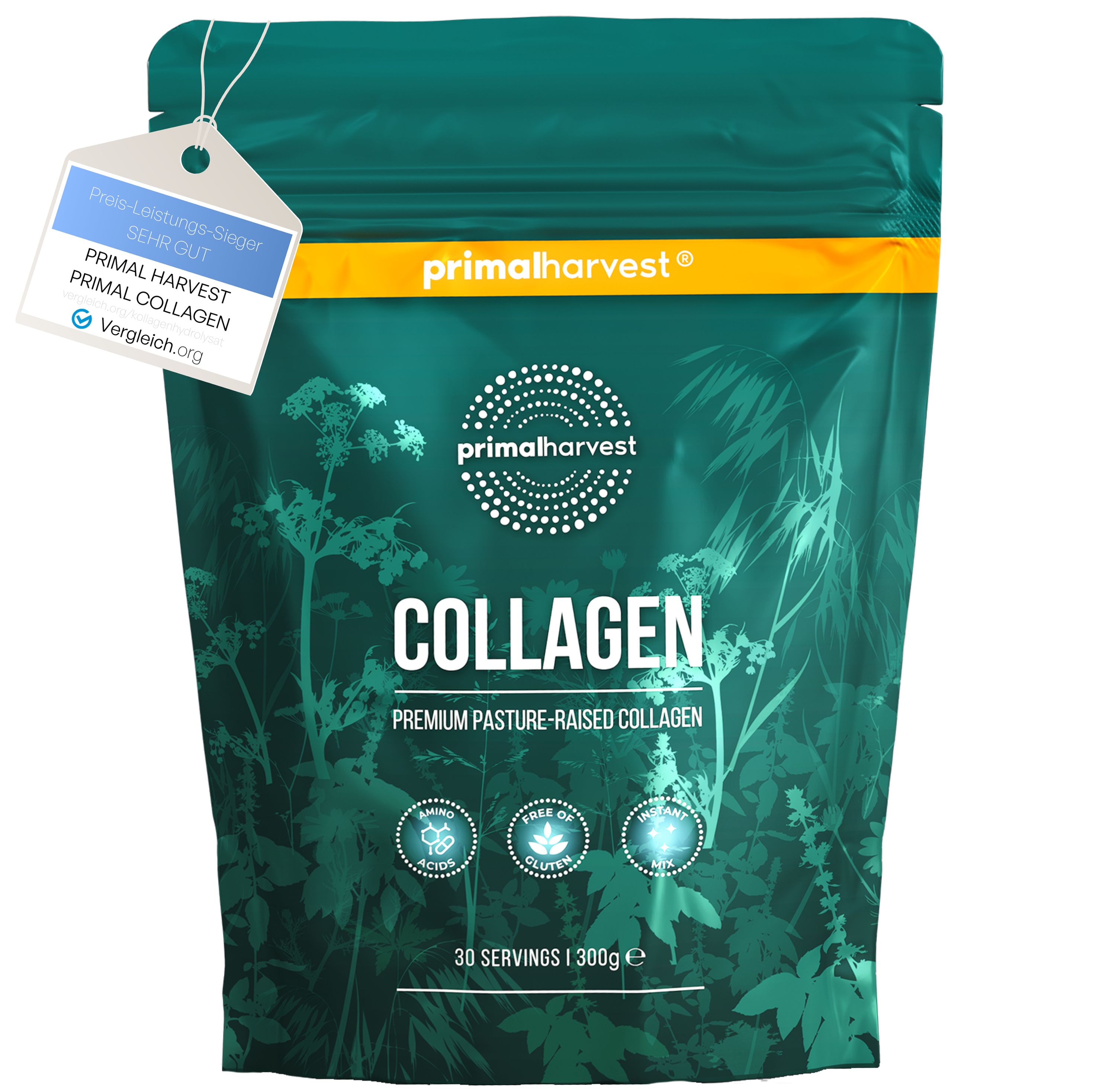 Grüne Tüte Collagen Pulver von Primal Harvest® mit Anhänger. Text: Preisvergleich.