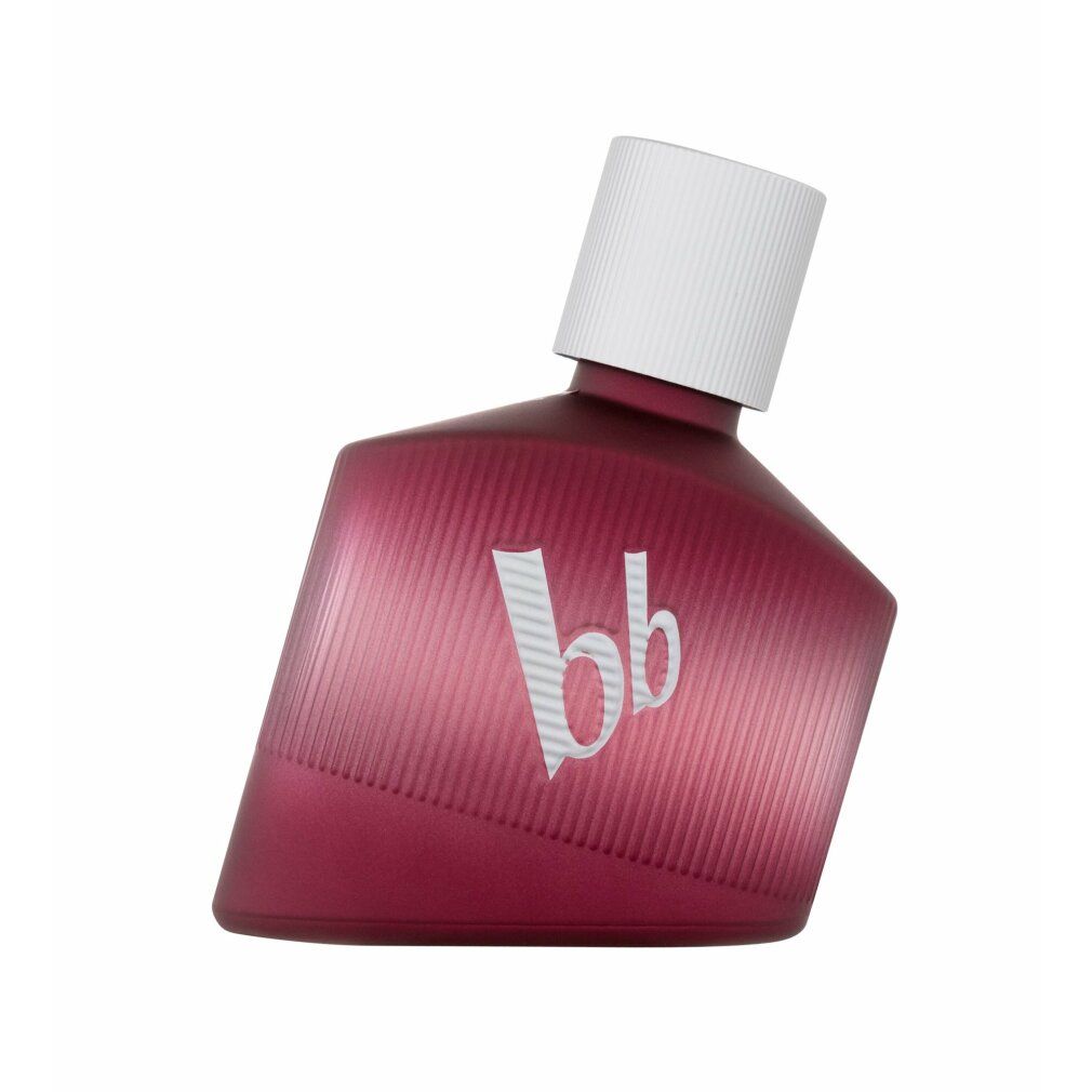 Roter Flakon mit weißem Deckel. Vertikale Linien und Logo 'bb'. Schräge Form.