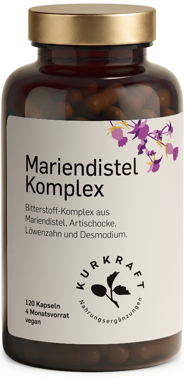 Braune Glasflasche mit goldfarbenem Deckel. Etikett mit Produktname, Logo und floralem Design. 120 Kapseln.