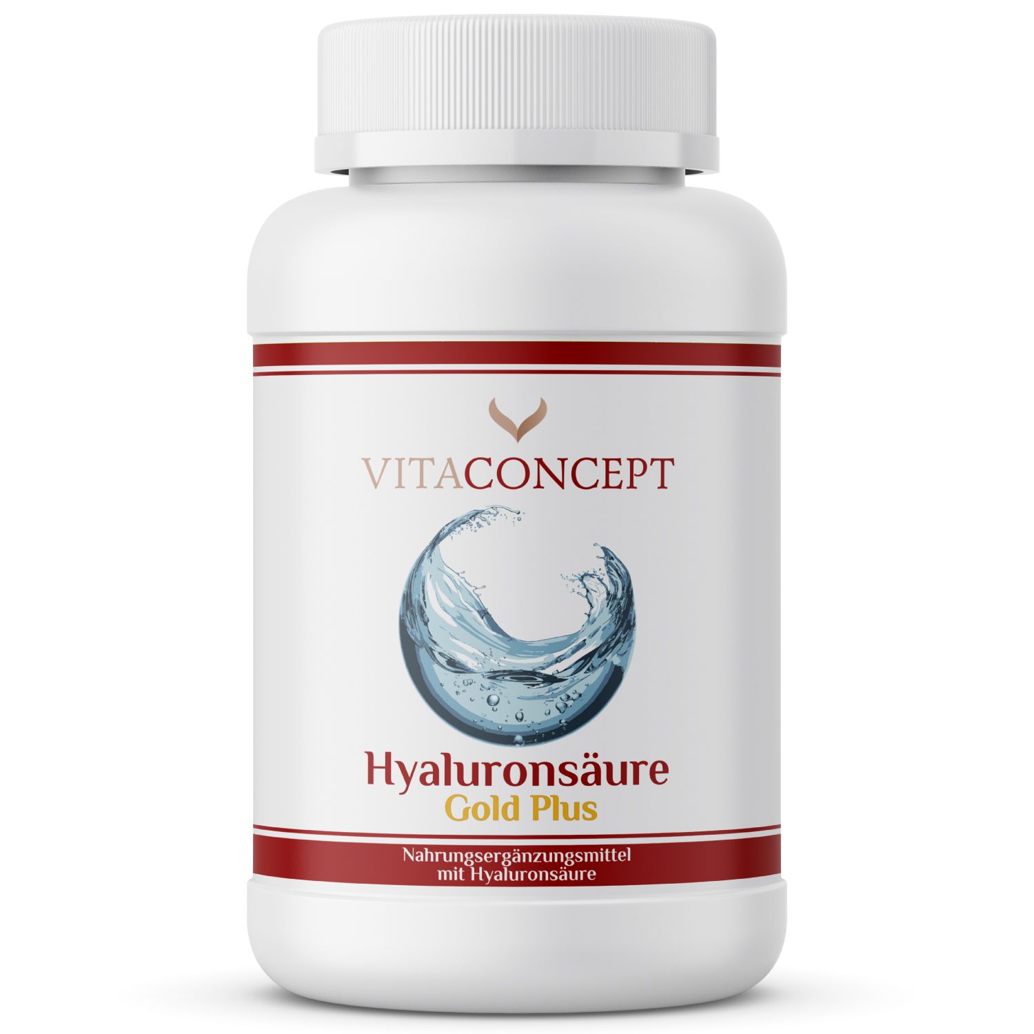 Weiße Flasche mit rotem Streifen. VITACONCEPT-Logo, Produktname Hyaluronsäure Gold Plus. Nahrungsergänzungsmittel.