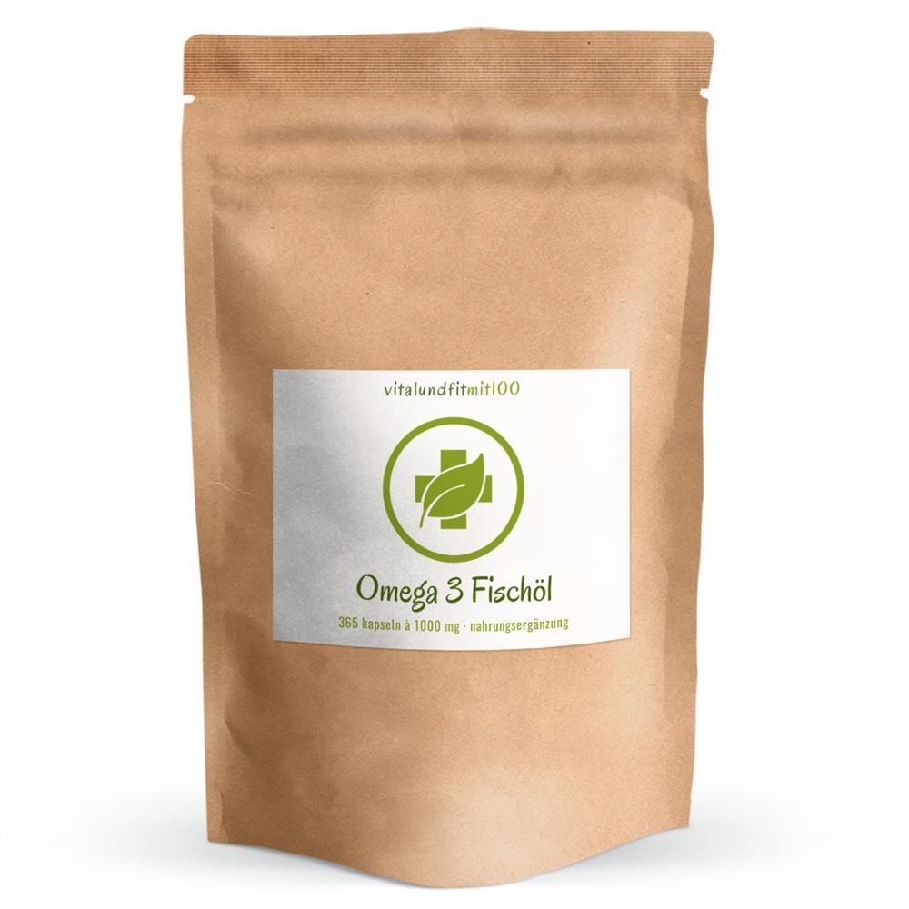 Braune Tüte mit weißem Etikett. Aufschrift: Omega 3 Fischöl. Siegel mit Logo.