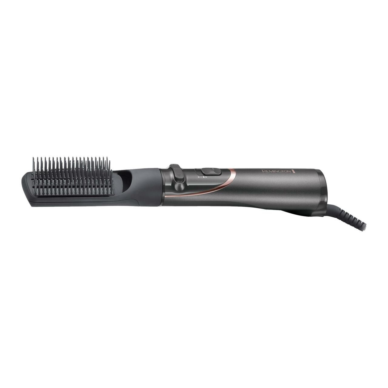 Haarstyler mit Bürstenaufsatz. Grau-rosafarbenes Gerät mit Knöpfen und Kabel. Remington-Logo.