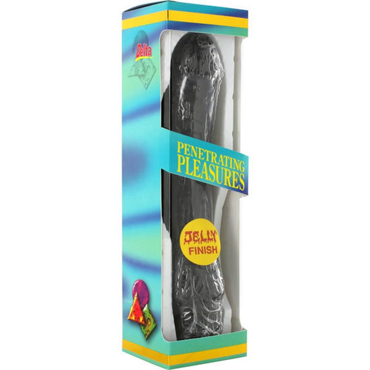 Dildo in Verpackung. Schwarzes Produkt mit Aufschrift 'Penetrating Pleasures'. 'Jelly Finish'.