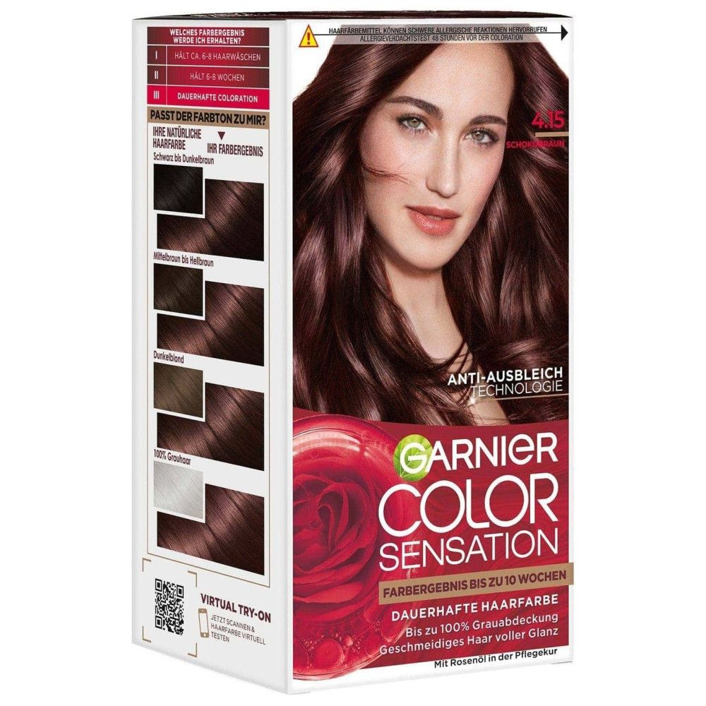 Garnier Color Sensation Haarfarbe-Verpackung. Frau mit braunem Haar. Text: Anti-Ausbleich Technologie, Farbgebung bis zu 10 Wochen.