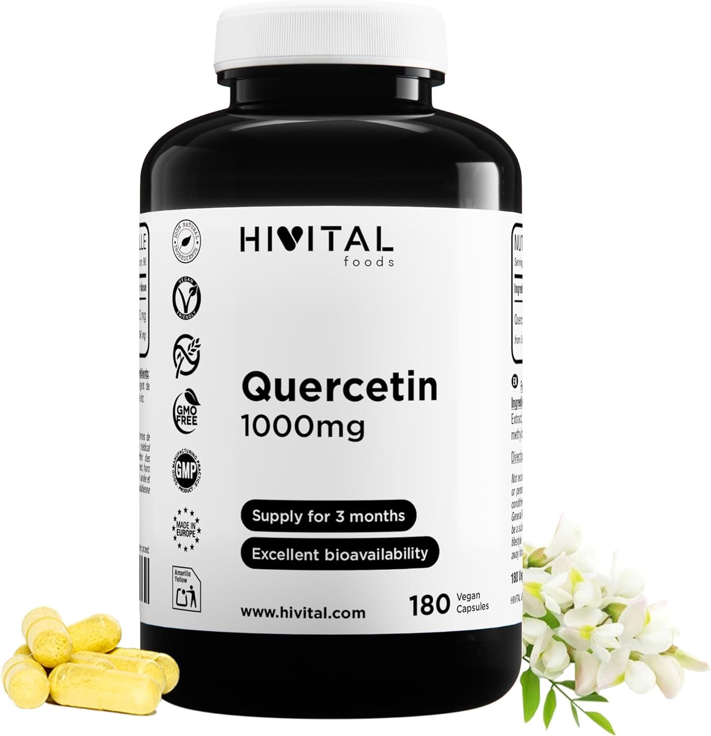 Schwarze Flasche mit weißem Etikett. Aufschrift: HIVITAL, Quercetin 1000mg, 180 Kapseln. Vegan. Gelbe Kapseln daneben. Blüten.
