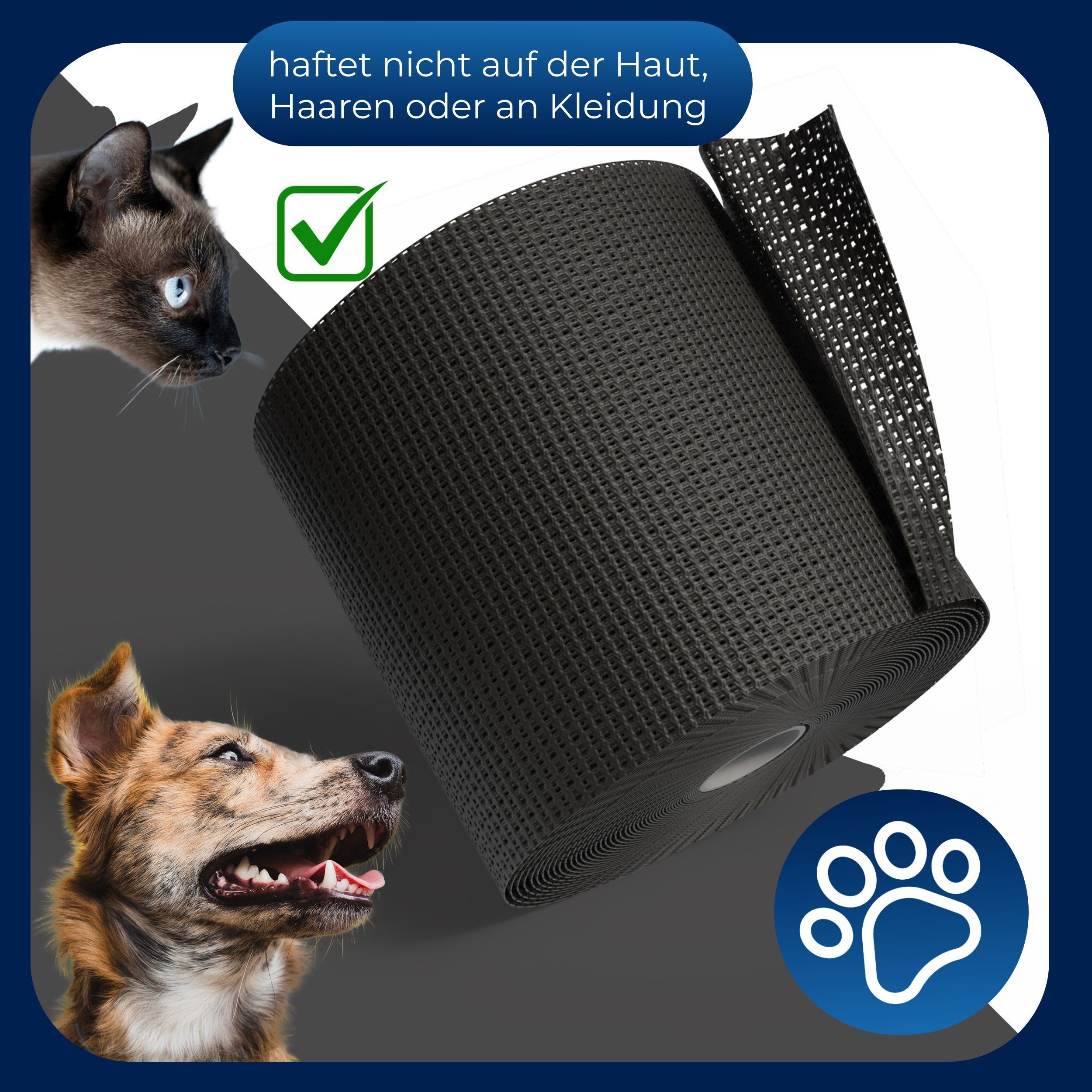 Schwarze, kohäsive Haftbandage, gerollt. Text: Haftet nicht auf Haut, Haaren oder Kleidung. Katze und Hund.