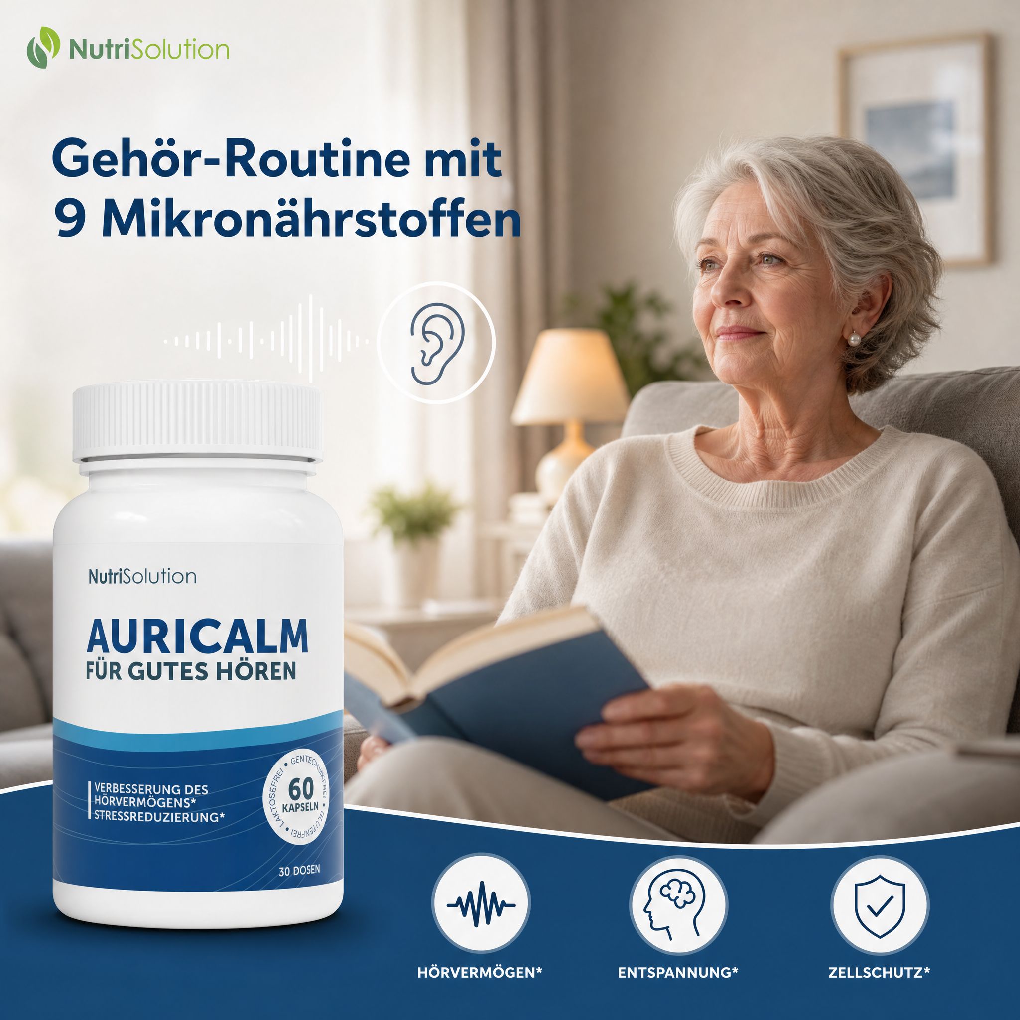 NutriSolution AuriCalm Flasche neben einer lesenden älteren Frau.