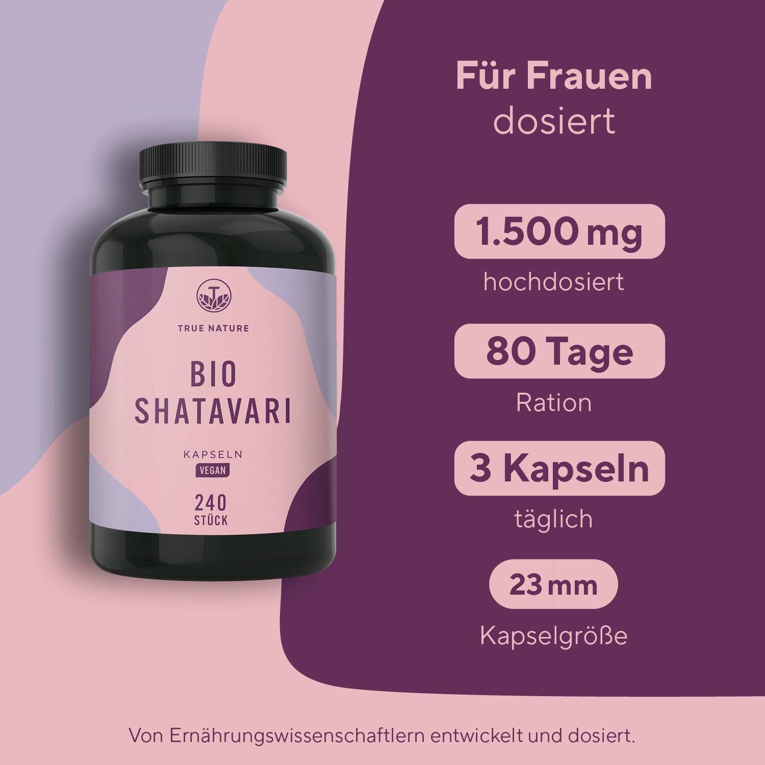 Produktinformationen: 1.500 mg hochdosiert, 80 Tage Ration, 3 Kapseln täglich, 23 mm Kapselgröße. Für Frauen dosiert.