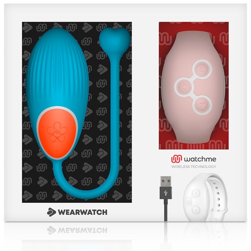 Verpackung mit blauem Ei, rosa Armband und USB-Kabel. Marken: Wearwatch, watchme.