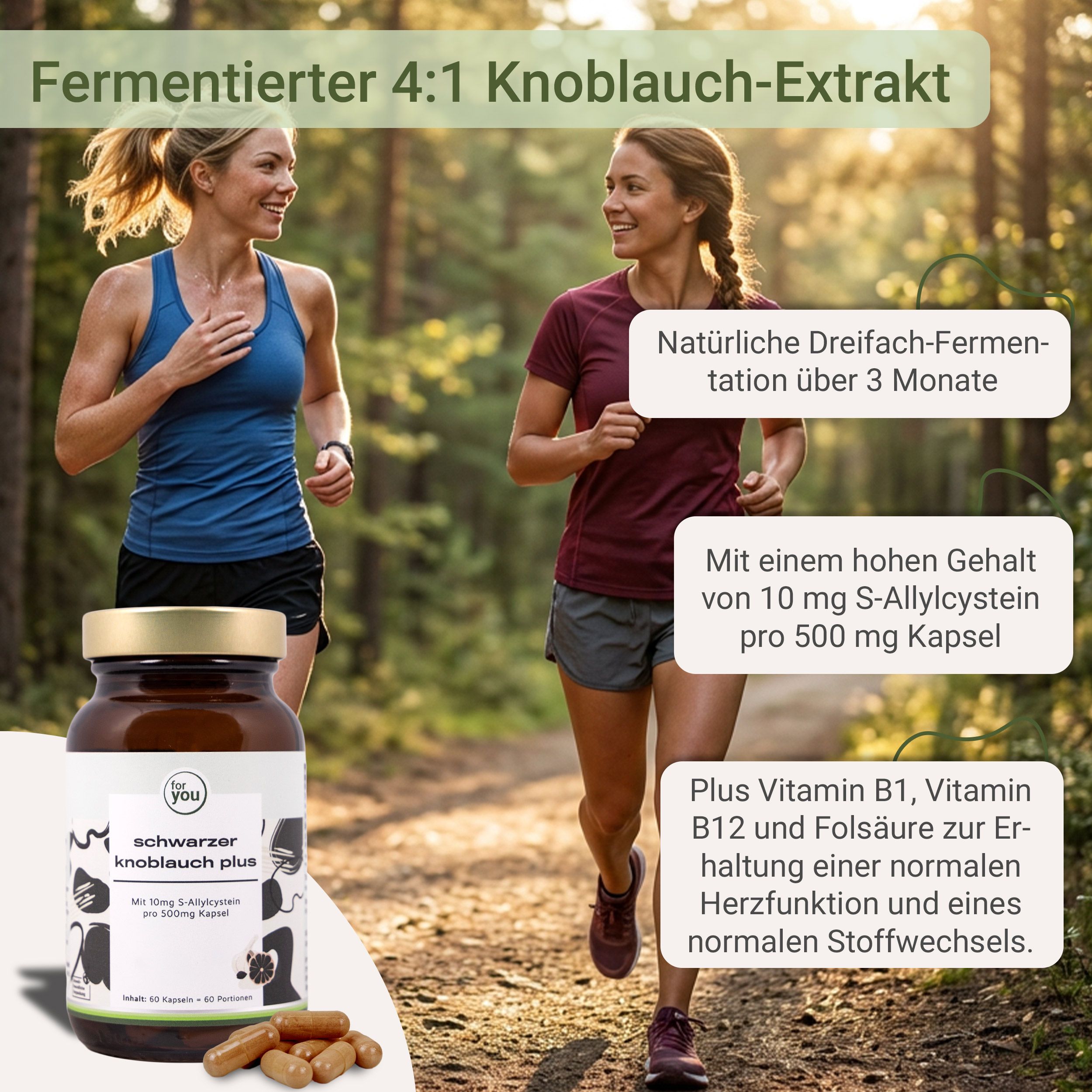 Flasche mit Kapseln vor zwei Frauen beim Joggen. Enthält 60 Kapseln.