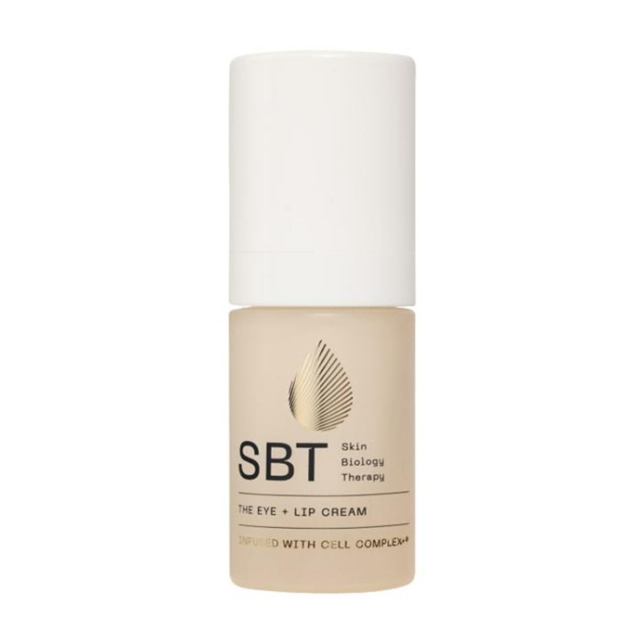 Cremebehälter mit weißem Deckel. Aufschrift: SBT, THE EYE + LIP CREAM. Unter dem Logo steht "INFUSED WITH CELL COMPLEX".