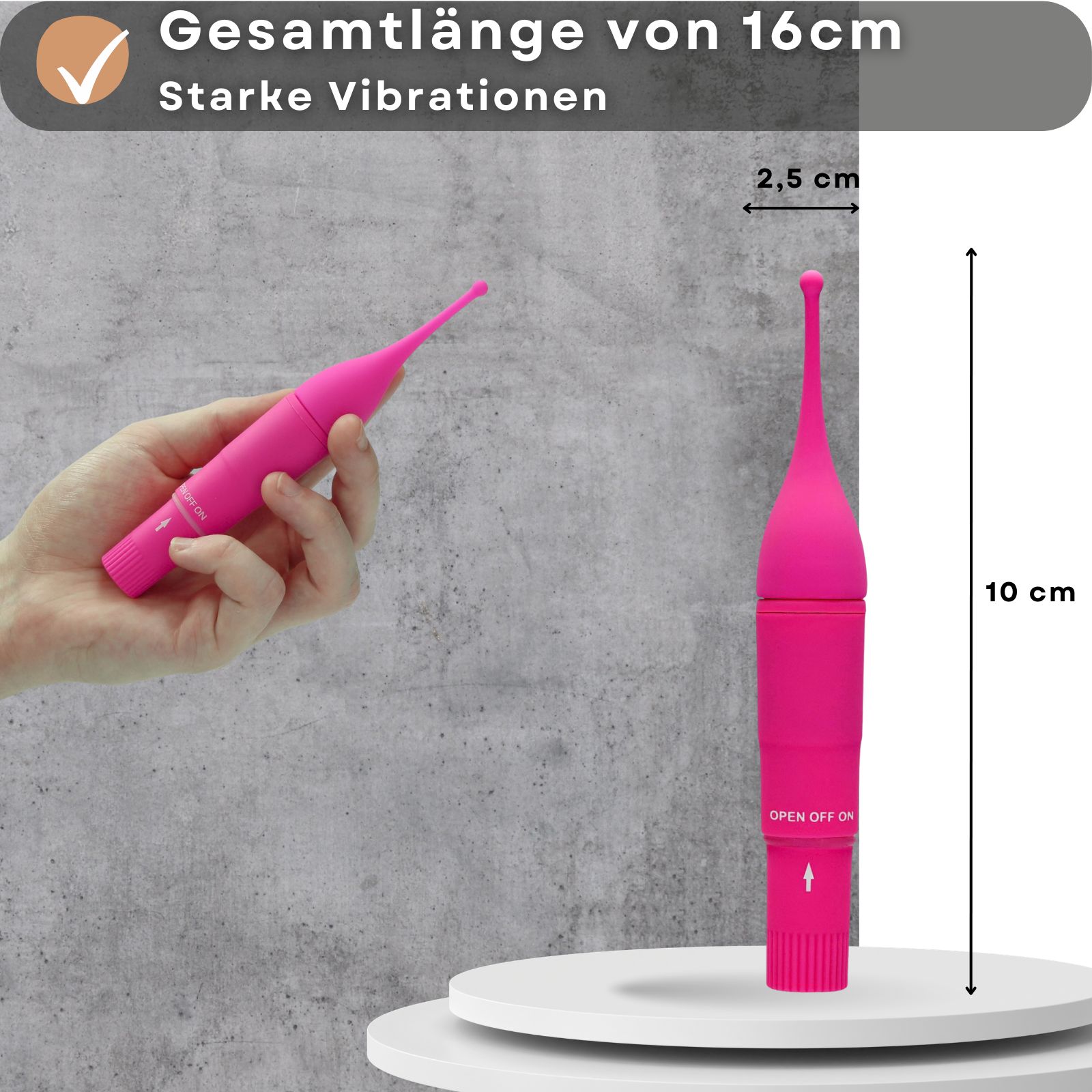 Rosa Vibrator neben Hand. Text: Gesamtlänge von 16cm, Starke Vibrationen. Maße: 2,5 cm x 10 cm.