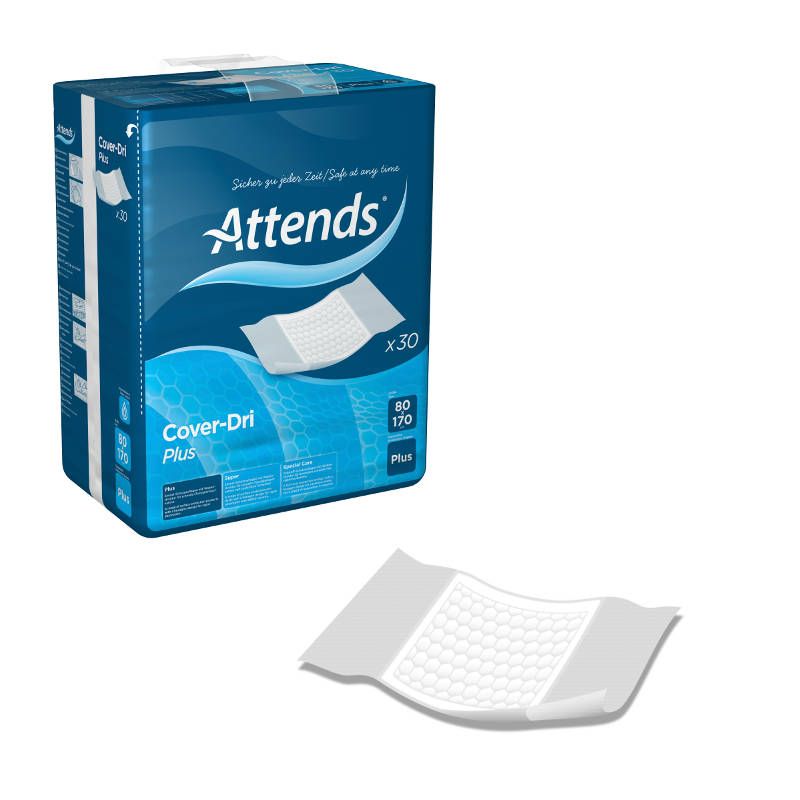 Blau-weiße Verpackung mit ATTENDS Cover-Dri Plus. Einzelne Einlage daneben. Text: 80x170, x30.