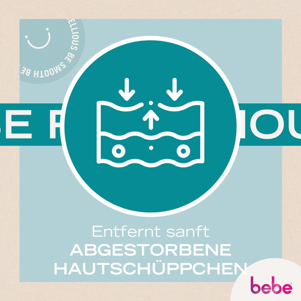Türkisfarbener Kreis mit Symbol, das Hautschüppchen entfernt. Text: Entfernt sanft abgestorbene Hautschüppchen. Marke: bebe.