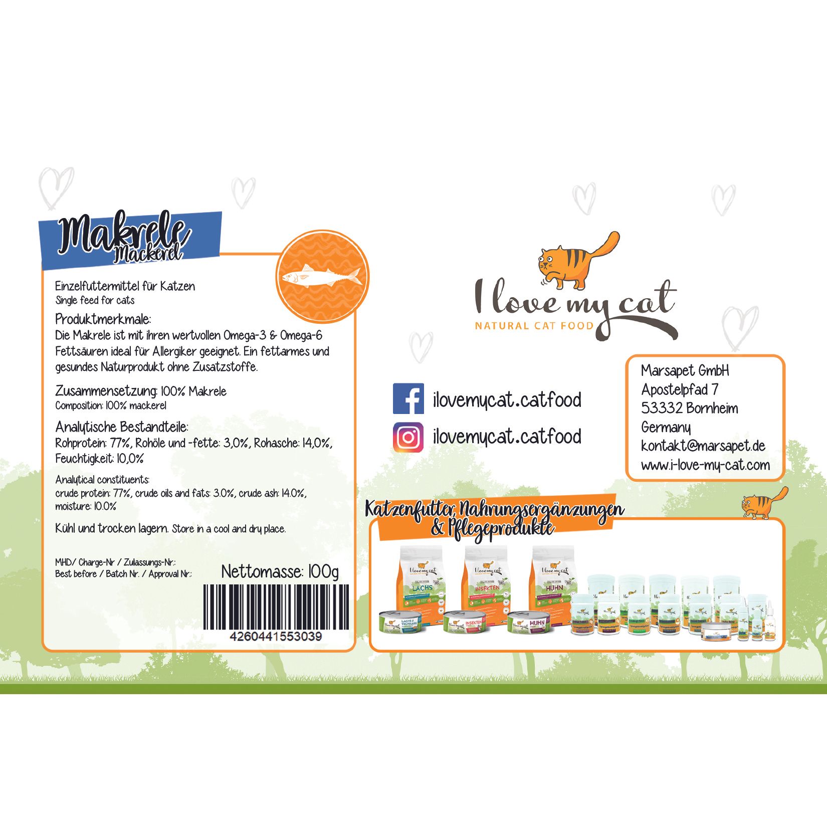 Produktverpackung mit Text und Logo "I love my cat". Enthält Informationen zu Inhaltsstoffen und Nährwerten. 100g Nettomasse.
