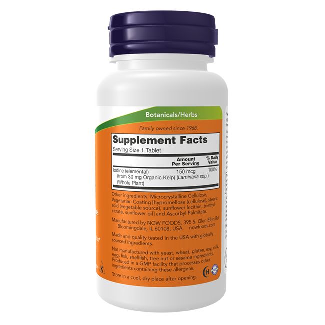 Weiße Flasche mit blauem Deckel. Etikett mit Produktinformationen und Inhaltsstoffen. Text: NOW FOODS, Kelp, 150 mcg.