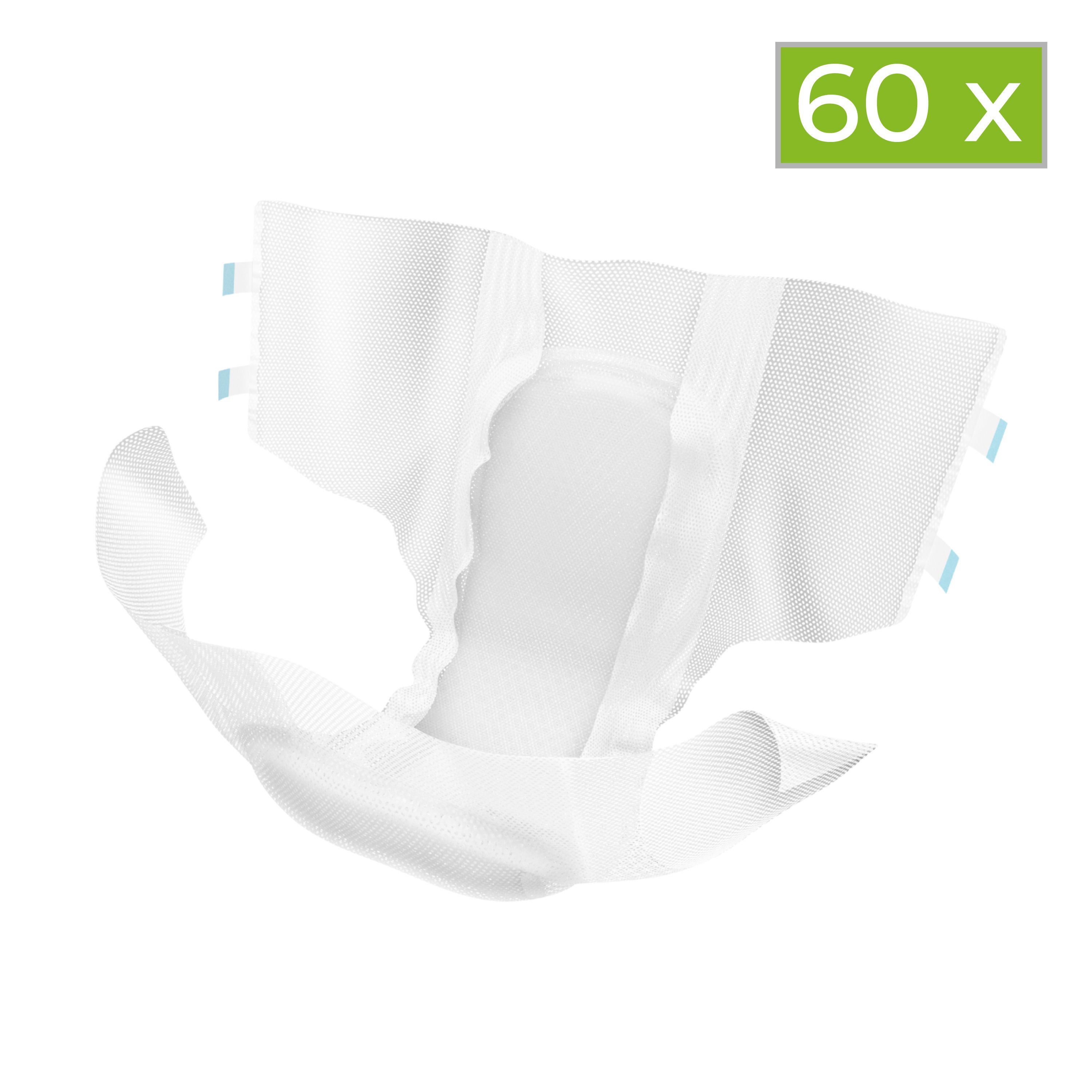 Weißer Inkontinenz-Slip mit blauen Klebestreifen. Oben rechts: 60 x.