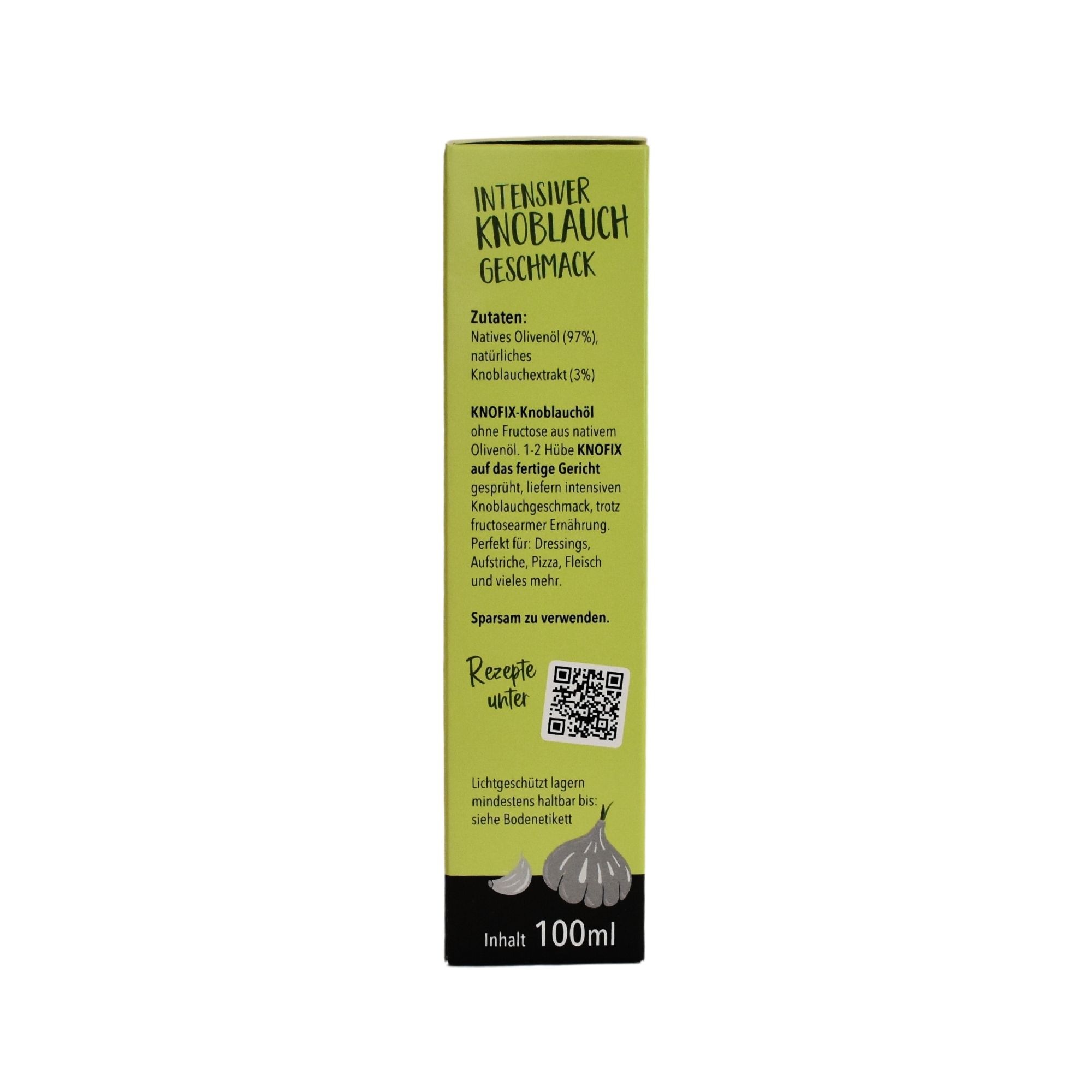 Produktverpackung mit Text: Intensiver Knoblauch Geschmack. Zutaten, QR-Code und 100ml Inhalt. Knoblauch-Abbildung.