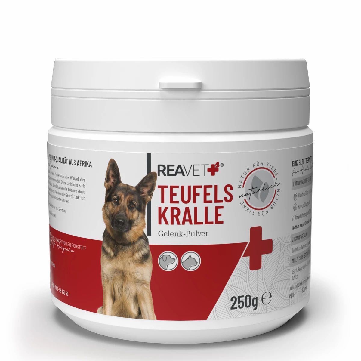 Weißer Behälter mit rotem Etikett. Aufschrift: Teufelskralle Gelenk-Pulver. Abbildung eines Hundes. 250g.