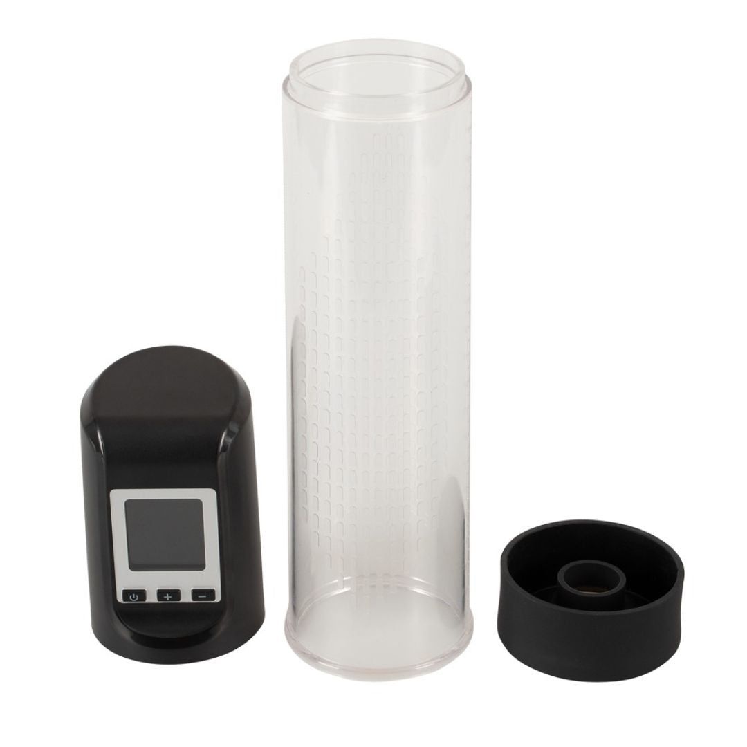 Schwarze Pumpe mit transparentem Zylinder und abnehmbaren Teilen. Digitales Display und schwarzer Sockel.