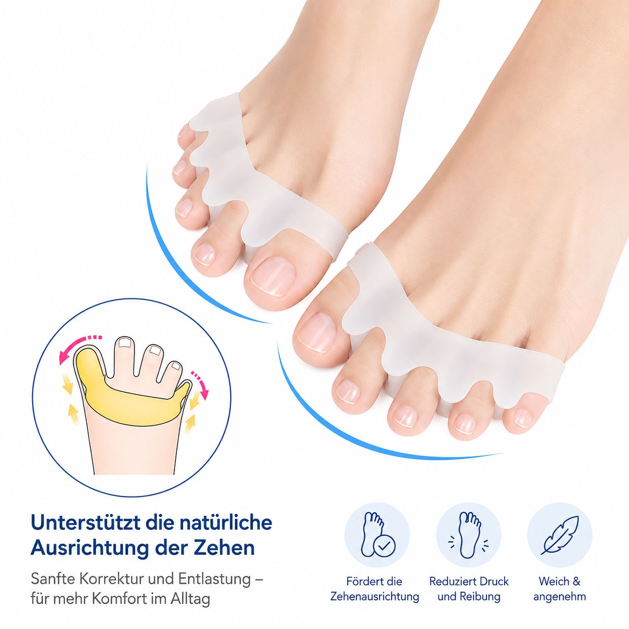 Silikon-Zehentrenner zur sanften Korrektur und Entlastung der Zehen für mehr Komfort im Alltag.