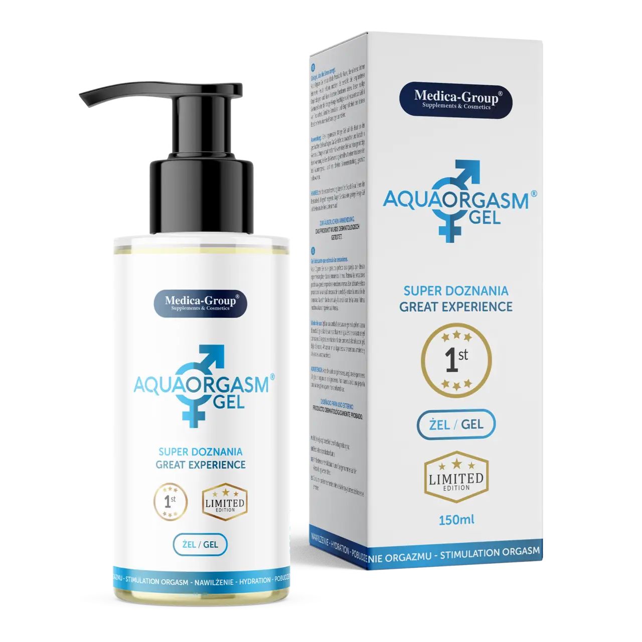 Gel-Flasche mit schwarzem Pumpkopf und Karton. Aufschrift AquaOrgasm Gel, Medica-Group. Limited Edition. 150ml.