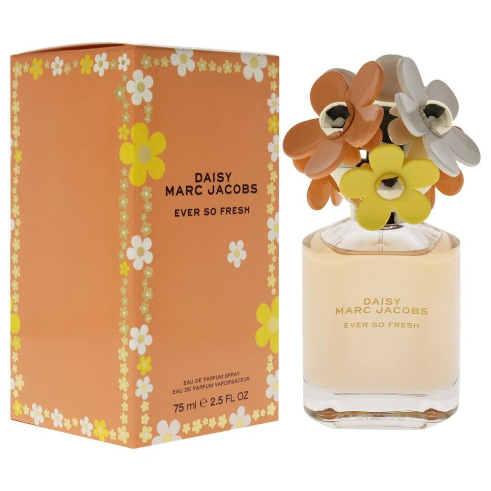 Parfümflasche und Schachtel. Flasche mit Blüten auf dem Deckel. Aufschrift: Daisy Marc Jacobs Ever so Fresh. Schachtel orange.